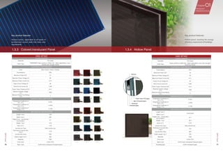 16 17
1.3.4	 Hollow Panel
HNS-BT45Z
CHARACTERISTIC
Substrate TCO Glass
Panel Type
Triple-junction a-Si/Ge Cell，Glass-glass/Side J-box /see-through /
Insulating module
ELECTRICAL PERFORMANCE
Transmittance 20%
Maximum Power（W） 45
Maximum Power Voltage (V) 64
Maximum Power Current (A) 0.71
Output Circuit Voltage (V) 84
Short Circuit Current (A) 0.89
Power Output Tolerance（W） 0/+2
Maximum System voltage
（V）
1000
Maximum Series Fuse Rating
（A）
2
TEMPERATURE COEFFICIENTS
Temperature Coefficient of
Isc ( / ℃ )
0.02%
Temperature Coefficient of
Voc ( / ℃ )
-0.20%
Temperature Coefficient of
Pmpp ( / ℃ )
-0.19%
MECHANICAL SPECIFICATION
Length（mm）
Customized
Width（mm）
Height（mm，Junction Box
not included）
27.7
Weight （kg） 30.4
Area（m2
） 0.79
Junction box Type Side Junction box
Thickness of Junction Box
（mm）
12.6
Junction Box Class IP67
Cable Length（mm） 450
Materials PVB
Front cover 3.2mm TCO
Back cover 6.0mm Semi-tempered/ Tempered glass
Insulating glass 6.0mm Tempered glass
Silicone
Front 3.2mm TCO glass
Back Tempered glass
Desiccant
Tempered glass
1.3.3	 Colored translucent Panel
HNS-BT50C
CHARACTERISTIC
Substrate TCO Glass
Panel Type
PIN/PIN/PIN Triple-junction a-Si/Ge Cell，Glass-glass/Side J-box /
Colorful/ see-through module
ELECTRICAL PERFORMANCE
Color Blue / Green / Yellow / Orange
Transmittance 20%
Maximum Power（W） 51
Maximum Power Voltage (V) 69
Maximum Power Current (A) 0.74
Output Circuit Voltage (V) 88
Short Circuit Current (A) 0.89
Power Output Tolerance（W） 0/+2
Maximum System voltage
（V）
1000
Maximum Series Fuse Rating
（A）
2
TEMPERATURE COEFFICIENTS
Temperature Coefficient of
Isc ( / ℃ )
0.02%
Temperature Coefficient of
Voc ( / ℃ )
-0.20%
Temperature Coefficient of
Pmpp ( / ℃ )
-0.19%
MECHANICAL SPECIFICATION
Length（mm） 1245
Width（mm） 635
Height（mm，Junction Box
not included）
9.7
Weight （kg） 18.6
Area（m2
） 0.79
Junction box Type Side Junction box
Thickness of Junction Box
（mm）
12.6
Junction Box Class IP67
Cable Length（mm） 450
Materials PVB
Front cover 3.2mm TCO
Back cover 6.0mm Semi-tempered/ Tempered glass
Key product features:
Various colors, applicable to all types of
architectural curtain walls that have color
requirements.
Key product features:
Hollow panel, meeting the energy
efficiency requirement of buildings.
Chapter 01PRODUCT
PRESENTATION
BIPVPanel
BIPVPanel
 