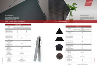 18 19
HNS-BT15Y
CHARACTERISTIC
Substrate TCO Glass
Panel Type
PIN/PIN/PIN Triple-junction a-Si/Ge Cell，Glass-glass/Side J-box /
see-through module
ELECTRICAL PERFORMANCE
Transmittance 20%
Maximum Power（W） 15
Maximum Power Voltage (V) 60
Maximum Power Current (A) 0.25
Output Circuit Voltage (V) 80
Short Circuit Current (A) 0.3
Power Output Tolerance（W） 0/+1
Maximum System voltage
（V）
1000
Maximum Series Fuse Rating
（A）
2
TEMPERATURE COEFFICIENTS
Temperature Coefficient of
Isc ( / ℃ )
0.02%
Temperature Coefficient of
Voc ( / ℃ )
-0.20%
Temperature Coefficient of
Pmpp ( / ℃ )
-0.19%
MECHANICAL SPECIFICATION
Length（mm）
CustomizedWeight （kg）
Area（m2
）
Height（mm，Junction Box
not included）
7.5
Junction box Type Side Junction box
Thickness of Junction Box
（mm）
12.6
Junction Box Class IP67
Cable Length（mm） 450
Materials PVB
Front cover 3.2mm TCO
Back cover 4.0mm Semi-tempered/ Tempered glass
1.3.6	 Allotype Panel
HNS-BT123S
CHARACTERISTIC
Substrate TCO Glass
Panel Type
PIN/PIN/PIN Triple-junction a-Si/Ge Cell，PIN/PIN a-Si/Ge tandem
Cell，Triple Glazing/ Double Side Junction Box
ELECTRICAL PERFORMANCE
Maximum Power（W） 65 58
Maximum Power Voltage (V) 70 43
Maximum Power Current (A) 0.93 1.36
Output Circuit Voltage (V) 89 58.5
Short Circuit Current (A) 1.12 1.56
Power Output Tolerance（W） 0/+3 ±1
Maximum System voltage
（V）
1000
Maximum Series Fuse Rating
（A）
5
TEMPERATURE COEFFICIENTS
Temperature Coefficient of
Isc ( / ℃ )
0.02%
Temperature Coefficient of
Voc ( / ℃ )
-0.20%
Temperature Coefficient of
Pmpp ( / ℃ )
-0.19%
MECHANICAL SPECIFICATION
Length（mm） 1245
Width（mm） 635
Height（mm，Junction Box
not included）
8
Weight （kg） 15.8
Area（m2
） 0.79
Junction Box Type Side Junction box
Thickness of Junction Box
（mm）
12.6
Junction Box Class IP67
Cable Length（mm） 450
Materials EVA
Front cover 2.5mm TCO
Intermediate glass 2.0mm Non-Tempered glass
Back cover 2.5mm TCO
1.3.5	 Double-sided power Panel
Key product features:
Double-sided power, high overall power
generation efficiency, can be widely used
for sound barrier or noise screens.
Key product features:
Diverse modeling, can be tailor-made
to fit the architectural design of the
building.
Chapter 01PRODUCT
PRESENTATION
BIPVPanel
BIPVPanel
 