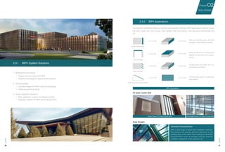 30 31
1.	 Building Structure Design
•	 Support structure research for BIPV
•	 Research and design for advanced BIPV projects
2.	 Electrical Design
•	 Innovative research for BIPV electrical technology
•	 Supporting electrical design
3.	 System Integration Research
•	 Basic application research of intelligent building
•	 Integration research for BIPV and building function
2.3.1	 BIPV System Solutions
BIPV
BIPV
Technical Characteristics：
With a wide range of panels and installation methods,
the product can provide efficient electricity to the
building while at the same time meeting its functional
requirements such as energy-saving, thermal
insulation, waterproof, noise reduction, etc.
PV Solar Curtain Wall
Solar Skylight
Bright Frame PV Solar Curtain Wall Concealed Frame PV Solar Curtain Wall
According to the different situations, functions and installation methods, BIPV applications could be divided
into solar curtain wall, solar canopy, solar skylight, solar noise barrier, solar agricultural greenhouse and
etc.
2.3.2	 BIPV Applications
Replace hollow glass, thermal
insulation, noise reduction function
Meet the demand of architectural
lighting; provide power and energy-
saving
Provide power and shelter from sun
as building components
BIPV Applications
Provide power with no additional
area needed
Solar Curtain Wall
Solar Skylight
Solar Canopy
Solar agricultural greenhouse
SOLUTIONS
02Chapter
 