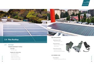 34 35
FlexRooftop
High efficiency CIGS
· Efficiency as high as 16%
High performance
· Performs in all light conditions
· Shade tolerant
Covers entire roof area
· Lays flat. No tilt required
· Minimum panel spacing required
Direct Adhesion
· Eliminating racking reduces BOS cost
Low installation costs
High power generation
2.4.1	 Advantages
2.4	 Flex Rooftop
Integrates with roofing surface
Light weight
· No mounting hardware
· No roof penetrations
· Superior wind resistance
· Flexible. Fits many roof types
· Innovative architectural effect
· Less than 4kg/m2
Designed specifically for rooftops
SOLUTIONS
02Chapter
FlexRooftop
 