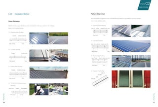 36 37
Direct Adhesion
Peel the release paper off the flex panel and stick the adhesive surface to the rooftops.
Apply to the rooftops below:
2）	 Low Ribs Rooftop
1）	 Standing Seam Rooftop
1）	 Standing Seam Rooftop
2）	 Low Ribs Rooftop
4）	 TPO/PVC/ EPDM Membrane
Rooftop
3）	 Profiled Steel Rooftop
3）	 Profiled Steel Rooftop
4）	 Ceramic Tile Rooftop
Platform Attachment
Stick flex panels to a platform; then use brackets and clips to fix the platform onto the rooftops.
Apply to the rooftops below:
2.4.2	 Installation Method
SOLUTIONS
02Chapter
FlexRooftop
FlexRooftop
 