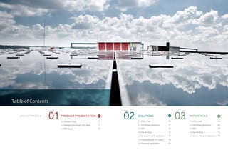 SOLUTIONS
2.1 Utility Scale
2.2 Distributed generation
2.3 BIPV
2.4 Flex Rooftop
2.5 Vehicle and Yacht application
2.6 Household Solar PV system
2.7 Consumer Application
24
27
29
34
38
44
52
02 22 REFERENCES
3.1 Utility Scale
3.2 Distributed generation
3.3 BIPV
3.4 Flex Rooftop
3.5 Vehicle and Yacht application
64
66
70
72
76
03 62
1.1 Standard Panel
1.2 Flexible/Light weight CIGS Panel
1.3 BIPV Panel
2
7
14
01 1
Table of Contents
GROUP PROFILE PRODUCT PRESENTATION
 