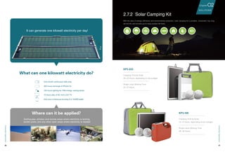 第 章02
解决方案
56 57
2.7.2 Solar Camping Kit
KP3-033
KP3-105
Charging Time by Solar:
20-22 Hours, depending on the sunlight.
Charging Time by Solar:
15-17 Hours, depending on the sunlight.
Single Lamp Working Time:
25-27 Hours.
Single Lamp Working Time:
28-30 Hours.
With the idea of energy-efficiency and environmental protection, solar camping kit is portable, convenient, has long
service life, and ensures you to enjoy outdoor life freely.
It can generate one kilowatt electricity per day!
Where can it be applied?
Earthquake-stricken and remote areas where electricity is lacking,
border posts, and any other open areas where electricity is needed
What can one kilowatt electricity do?
One month continuous radio play
200 hours recharge of iPhone 5s
100 hours lighting for 10W energy-saving lamps
10 hours play of 55-inch LCD TV
One hour continuous burning of a 1000W kettle
SOLUTIONS
02Chapter
ConsumerApplication
ConsumerApplication
 