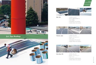 汉
能
产
品
手
册
72 73
3.4	 Flex Rooftop
Milan, Italy •	 Installation: June, 2011
•	 Modules：300W PowerFLEX ™ 6
•	 Power：19.8kWp
•	 Roofing Material: TPO membrane
•	 Installation Method: Direct adhesion
Yokosuka, Japan •	 Installation: April, 2012
•	 Modules：275W PowerFLEX ™ 6
•	 Power：400kWp
•	 Roofing Material: TPO membrane
•	 Installation Method: Direct adhesion
New Jersey, USA •	 Installation: May, 2012
•	 Modules：275W PowerFLEX ™ 6
•	 Power：350kWp
•	 Roofing Material: EPDM membrane
•	 Installation Method: Direct adhesion
FlexRooftop
03
REFERENCES
Chapter
 