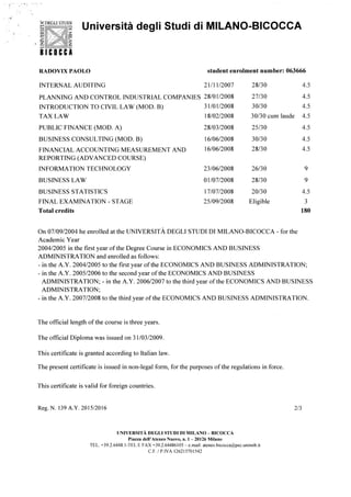 PAOLO RADOVIX - BSc BICOCCA - Official academic transcript | PDF