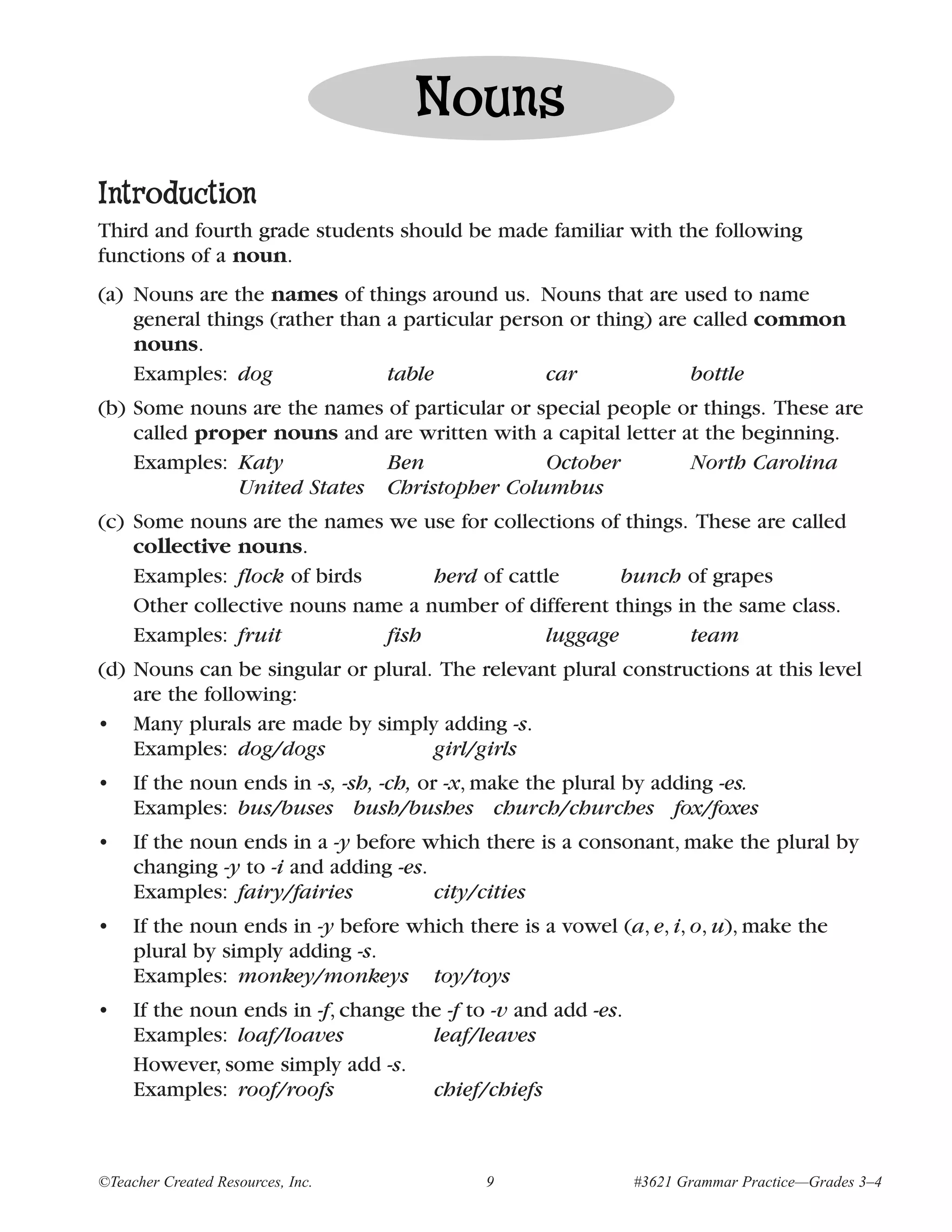 Nouns
Introduction
Third and fourth grade students should be made familiar with the following
functions of a noun.
(a) Nouns are the names of things around us. Nouns that are used to name
    general things (rather than a particular person or thing) are called common
    nouns.
    Examples: dog               table             car             bottle
(b) Some nouns are the names of particular or special people or things. These are
    called proper nouns and are written with a capital letter at the beginning.
    Examples: Katy           Ben               October         North Carolina
              United States Christopher Columbus
(c) Some nouns are the names we use for collections of things. These are called
    collective nouns.
    Examples: flock of birds       herd of cattle       bunch of grapes
    Other collective nouns name a number of different things in the same class.
    Examples: fruit           fish              luggage        team
(d) Nouns can be singular or plural. The relevant plural constructions at this level
    are the following:
• Many plurals are made by simply adding -s.
    Examples: dog/dogs              girl/girls
•    If the noun ends in -s, -sh, -ch, or -x, make the plural by adding -es.
     Examples: bus/buses bush/bushes church/churches fox/foxes
•    If the noun ends in a -y before which there is a consonant, make the plural by
     changing -y to -i and adding -es.
     Examples: fairy/fairies           city/cities
•    If the noun ends in -y before which there is a vowel (a, e, i, o, u), make the
     plural by simply adding -s.
     Examples: monkey/monkeys toy/toys
•    If the noun ends in -f, change the -f to -v and add -es.
     Examples: loaf/loaves            leaf/leaves
     However, some simply add -s.
     Examples: roof/roofs             chief/chiefs



©Teacher Created Resources, Inc.             9                  #3621 Grammar Practice—Grades 3–4
 