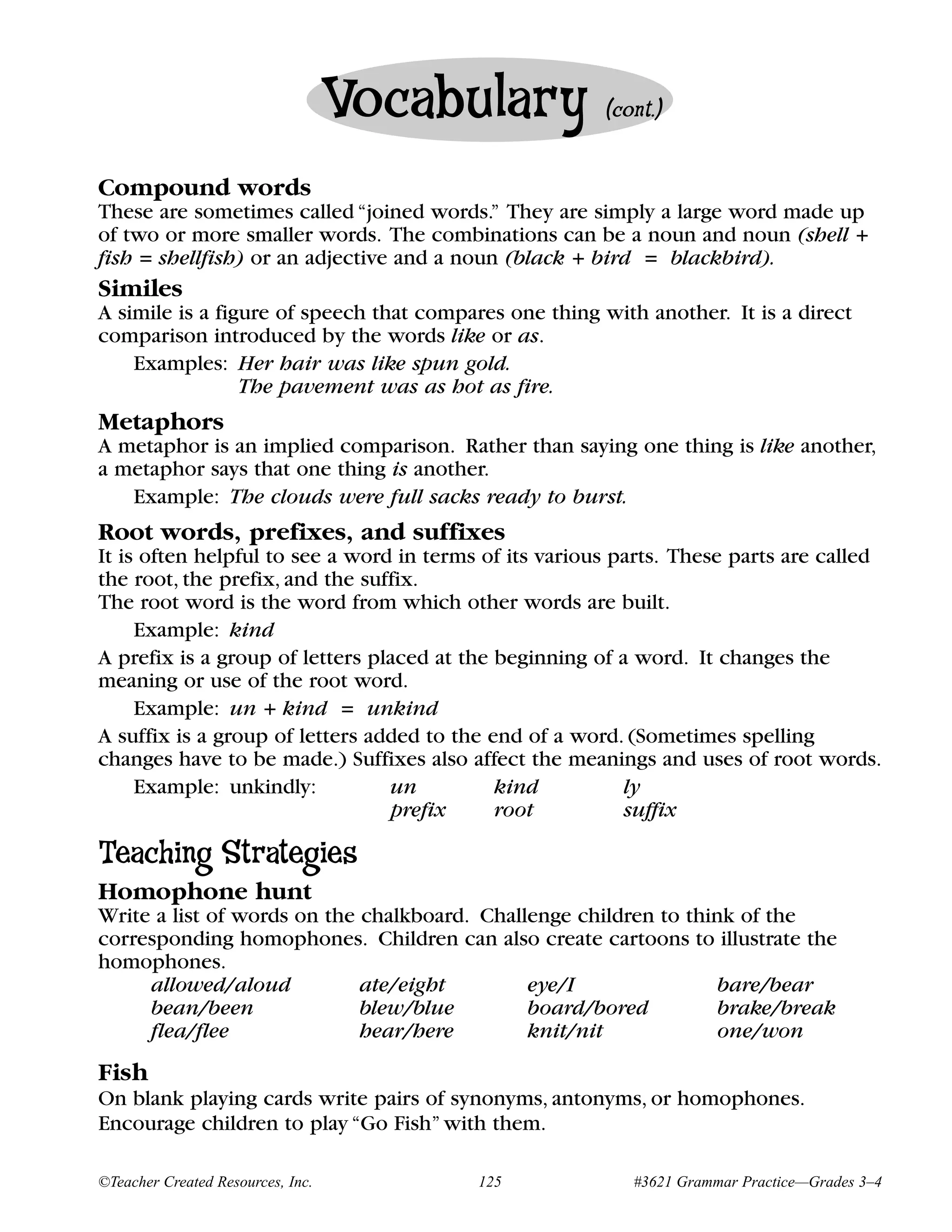 Vocabulary           (cont.)


Compound words
These are sometimes called “joined words.” They are simply a large word made up
of two or more smaller words. The combinations can be a noun and noun (shell +
fish = shellfish) or an adjective and a noun (black + bird = blackbird).
Similes
A simile is a figure of speech that compares one thing with another. It is a direct
comparison introduced by the words like or as.
    Examples: Her hair was like spun gold.
                 The pavement was as hot as fire.
Metaphors
A metaphor is an implied comparison. Rather than saying one thing is like another,
a metaphor says that one thing is another.
   Example: The clouds were full sacks ready to burst.
Root words, prefixes, and suffixes
It is often helpful to see a word in terms of its various parts. These parts are called
the root, the prefix, and the suffix.
The root word is the word from which other words are built.
     Example: kind
A prefix is a group of letters placed at the beginning of a word. It changes the
meaning or use of the root word.
     Example: un + kind = unkind
A suffix is a group of letters added to the end of a word. (Sometimes spelling
changes have to be made.) Suffixes also affect the meanings and uses of root words.
     Example: unkindly:          un          kind          ly
                                  prefix     root          suffix

Teaching Strategies
Homophone hunt
Write a list of words on the chalkboard. Challenge children to think of the
corresponding homophones. Children can also create cartoons to illustrate the
homophones.
     allowed/aloud           ate/eight        eye/I                bare/bear
     bean/been               blew/blue        board/bored          brake/break
     flea/flee               hear/here        knit/nit             one/won
Fish
On blank playing cards write pairs of synonyms, antonyms, or homophones.
Encourage children to play “Go Fish” with them.

©Teacher Created Resources, Inc.          125              #3621 Grammar Practice—Grades 3–4
 