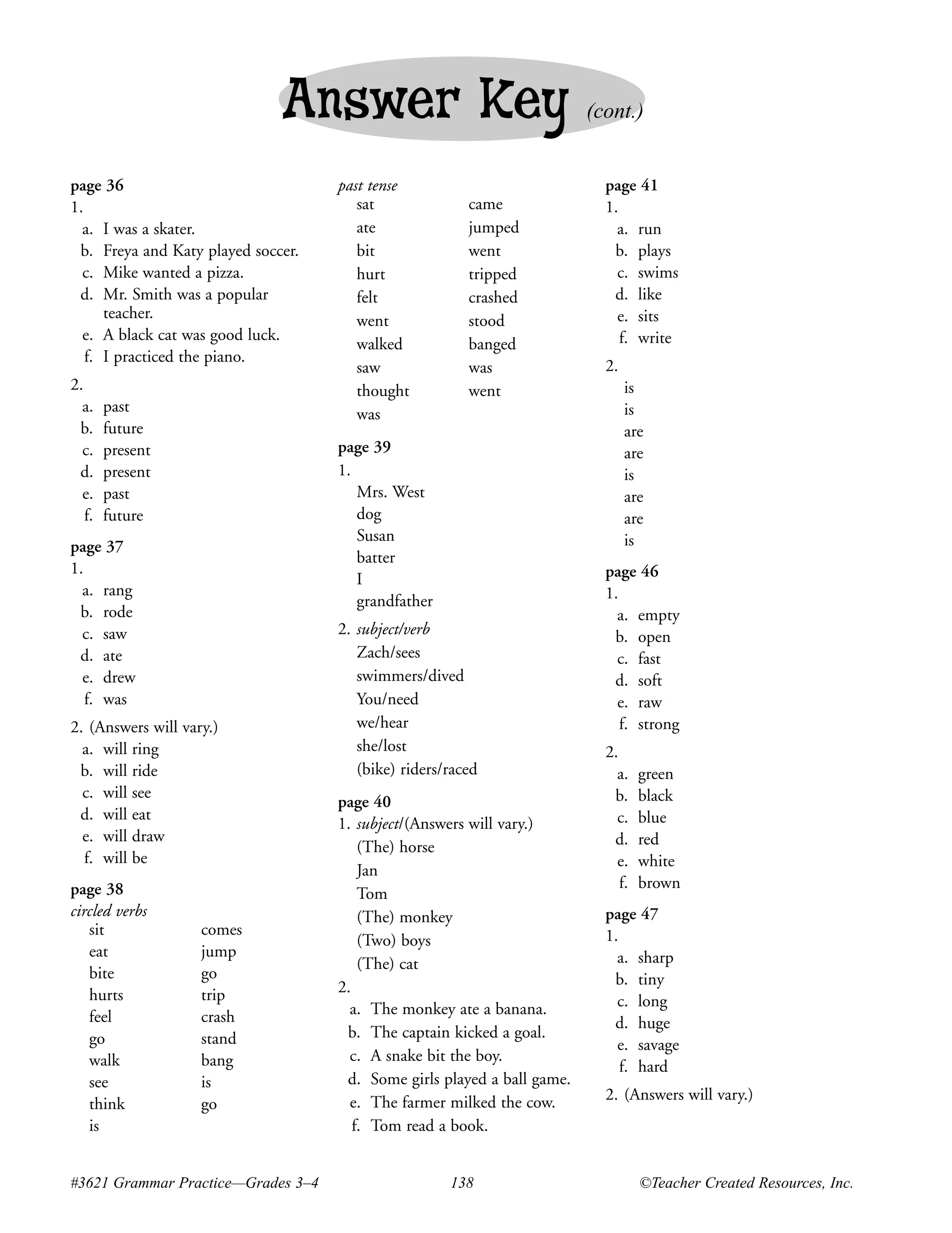 Answer Key                                 (cont.)


page 36                             past tense                             page 41
1.                                     sat              came               1.
  a. I was a skater.                   ate              jumped               a. run
 b. Freya and Katy played soccer.      bit              went                b. plays
  c. Mike wanted a pizza.              hurt             tripped              c. swims
 d. Mr. Smith was a popular            felt             crashed             d. like
      teacher.                         went             stood                e. sits
  e. A black cat was good luck.                                               f. write
                                       walked           banged
   f. I practiced the piano.
                                       saw              was                2.
2.                                     thought          went                    is
  a.    past                           was                                      is
 b.     future                                                                  are
  c.    present                     page 39                                     are
 d.     present                     1.                                          is
  e.    past                           Mrs. West                                are
   f.   future                         dog                                      are
                                       Susan                                    is
page 37
                                       batter
1.                                                                         page 46
                                       I
  a. rang                                                                  1.
                                       grandfather
 b. rode                                                                     a. empty
  c. saw                            2. subject/verb                         b. open
 d. ate                                Zach/sees                             c. fast
  e. drew                              swimmers/dived                       d. soft
   f. was                              You/need                              e. raw
2. (Answers will vary.)                we/hear                                f. strong
  a. will ring                         she/lost                            2.
 b. will ride                          (bike) riders/raced                   a.    green
  c. will see                                                               b.     black
                                    page 40
 d. will eat                                                                 c.    blue
                                    1. subject/(Answers will vary.)
  e. will draw                                                              d.     red
                                        (The) horse
  f. will be                                                                 e.    white
                                        Jan
page 38                                                                       f.   brown
                                        Tom
circled verbs                           (The) monkey                       page 47
   sit              comes                                                  1.
                                        (Two) boys
   eat              jump                                                     a. sharp
                                        (The) cat
   bite             go                                                      b. tiny
   hurts            trip            2.
                                      a. The monkey ate a banana.            c. long
   feel             crash                                                   d. huge
   go               stand            b. The captain kicked a goal.
                                                                             e. savage
   walk             bang              c. A snake bit the boy.
                                                                              f. hard
   see              is               d. Some girls played a ball game.
                                      e. The farmer milked the cow.        2. (Answers will vary.)
   think            go
   is                                  f. Tom read a book.


#3621 Grammar Practice—Grades 3–4                    138                           ©Teacher Created Resources, Inc.
 