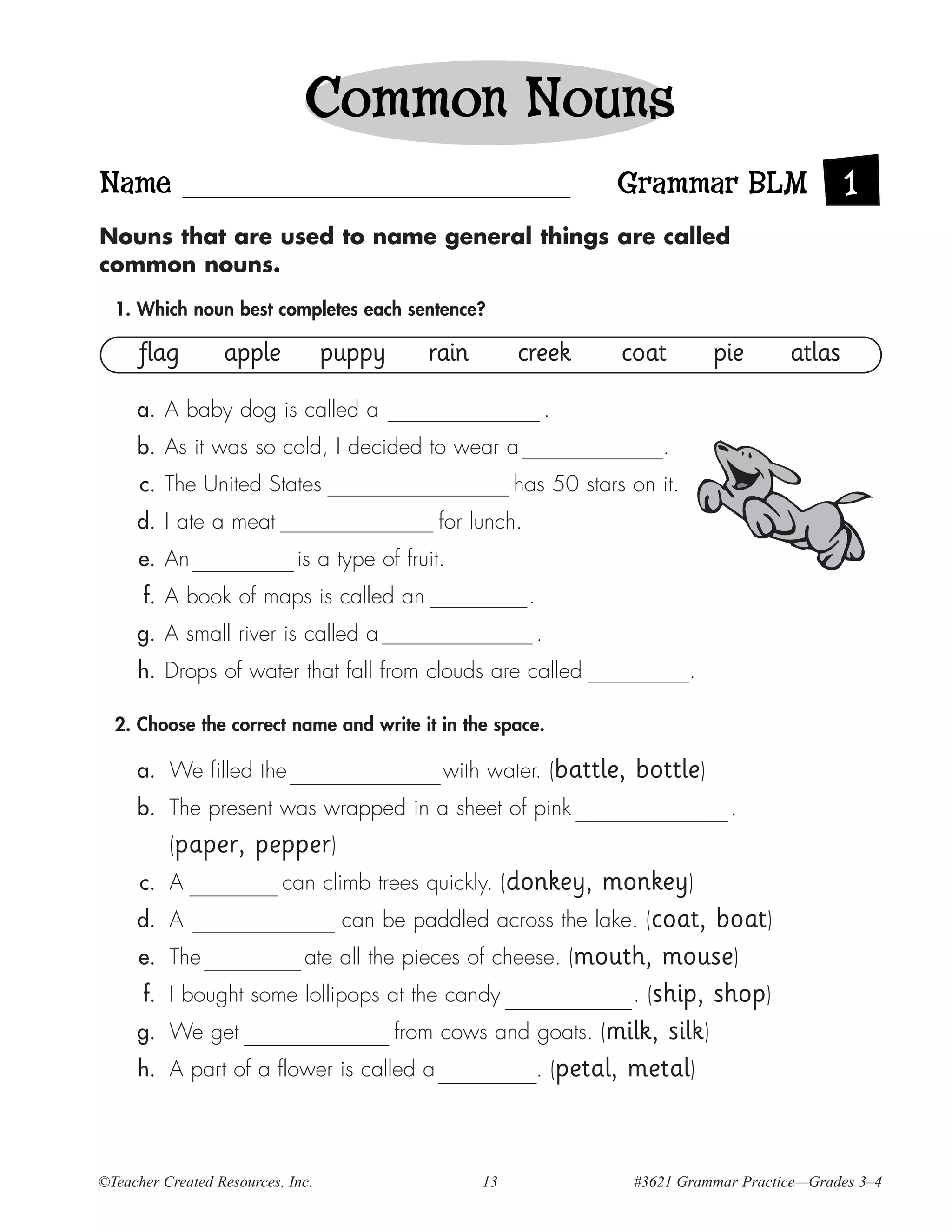 Common Nouns
Name                                                                    Grammar BLM                  1
Nouns that are used to name general things are called
common nouns.

  1. Which noun best completes each sentence?

      flag        apple            puppy     rain        creek          coat        pie      atlas

     a. A baby dog is called a                                      .
     b. As it was so cold, I decided to wear a                              .
      c. The United States                               has 50 stars on it.
     d. I ate a meat                           for lunch.
      e. An                  is a type of fruit.
      f. A book of maps is called an                        .
     g. A small river is called a                               .
     h. Drops of water that fall from clouds are called                         .

  2. Choose the correct name and write it in the space.

     a. We filled the                          with water. (battle,      bottle)
     b. The present was wrapped in a sheet of pink                                   .
           (paper,     pepper)
      c. A                 can climb trees quickly. (donkey,
                                                           monkey)
     d.    A                   can be paddled across the lake. (coat, boat)
      e.   The            ate all the pieces of cheese. (mouth, mouse)
      f.   I bought some lollipops at the candy               . (ship, shop)
     g.    We get                    from cows and goats. (milk, silk)
     h.    A part of a flower is called a           . (petal, metal)




©Teacher Created Resources, Inc.                    13                   #3621 Grammar Practice—Grades 3–4
 
