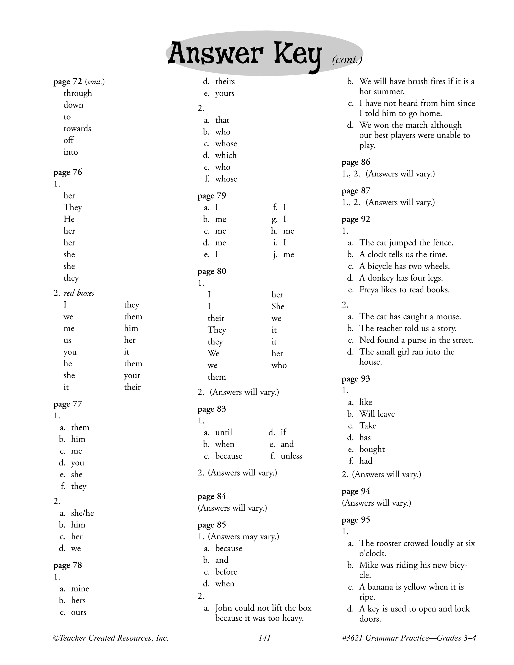 Answer Key                             (cont.)
page 72 (cont.)                      d. theirs                           b. We will have brush fires if it is a
  through                            e. yours                               hot summer.
  down                                                                   c. I have not heard from him since
                                   2.
  to                                                                        I told him to go home.
                                     a.    that
  towards                                                                d. We won the match although
                                    b.     who                              our best players were unable to
  off                                c.    whose                            play.
  into                              d.     which
                                                                        page 86
                                     e.    who
page 76                                                                 1., 2. (Answers will vary.)
                                      f.   whose
1.
                                                                        page 87
   her                             page 79
                                                                        1., 2. (Answers will vary.)
   They                             a. I                  f.    I
   He                               b. me                 g.    I       page 92
   her                              c. me                 h.    me      1.
   her                              d. me                  i.   I         a. The cat jumped the fence.
   she                              e. I                   j.   me       b. A clock tells us the time.
   she                                                                    c. A bicycle has two wheels.
                                   page 80
   they                                                                  d. A donkey has four legs.
                                   1.
2. red boxes                                                              e. Freya likes to read books.
                                      I                   her
   I               they               I                   She           2.
   we              them               their               we              a.   The cat has caught a mouse.
   me              him                They                it             b.    The teacher told us a story.
   us              her                they                it              c.   Ned found a purse in the street.
   you             it                 We                  her            d.    The small girl ran into the
   he              them               we                  who                  house.
   she             your               them                              page 93
   it              their                                                1.
                                   2. (Answers will vary.)
page 77                                                                   a. like
                                   page 83
1.                                                                       b. Will leave
                                   1.
  a. them                                                                 c. Take
                                     a. until             d. if
 b. him                                                                  d. has
                                    b. when               e. and
  c. me                                                                   e. bought
                                     c. because           f. unless
 d. you                                                                    f. had
  e. she                           2. (Answers will vary.)              2. (Answers will vary.)
   f. they
                                                                        page 94
                                   page 84
2.                                                                      (Answers will vary.)
                                   (Answers will vary.)
  a.   she/he
                                                                        page 95
 b.    him                         page 85
                                                                        1.
  c.   her                         1. (Answers may vary.)
                                                                          a. The rooster crowed loudly at six
 d.    we                            a. because
                                                                             o’clock.
                                    b. and
page 78                                                                  b. Mike was riding his new bicy-
                                     c. before                               cle.
1.
                                    d. when                               c. A banana is yellow when it is
  a. mine
 b. hers                           2.                                        ripe.
  c. ours                            a. John could not lift the box      d. A key is used to open and lock
                                        because it was too heavy.            doors.

©Teacher Created Resources, Inc.                    141                 #3621 Grammar Practice—Grades 3–4
 