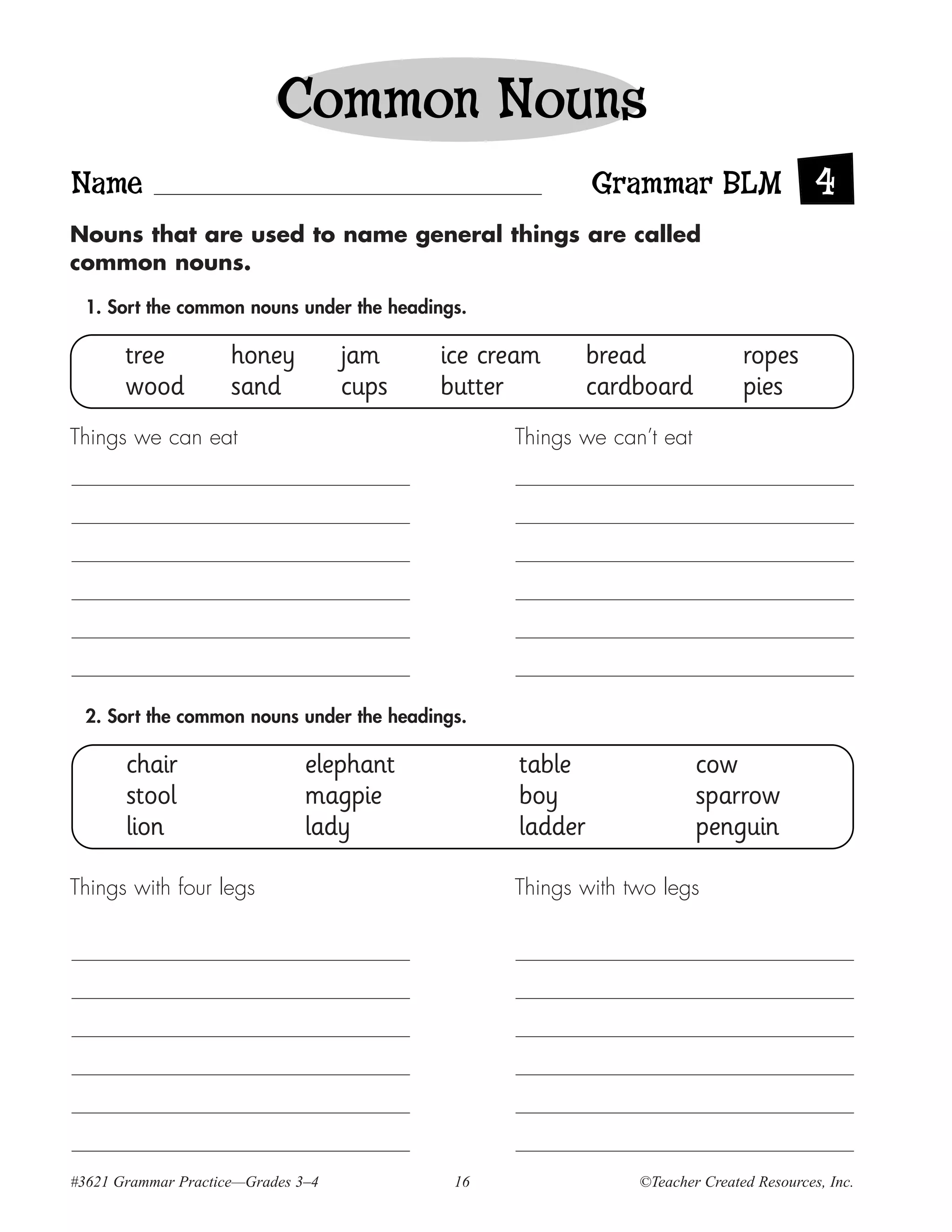 Common Nouns
Name                                                       Grammar BLM 4
Nouns that are used to name general things are called
common nouns.

  1. Sort the common nouns under the headings.

       tree          honey          jam    ice cream    bread                ropes
       wood          sand           cups   butter       cardboard            pies
Things we can eat                                Things we can’t eat




  2. Sort the common nouns under the headings.

       chair                   elephant           table                cow
       stool                   magpie             boy                  sparrow
       lion                    lady               ladder               penguin

Things with four legs                            Things with two legs




#3621 Grammar Practice—Grades 3–4           16                ©Teacher Created Resources, Inc.
 