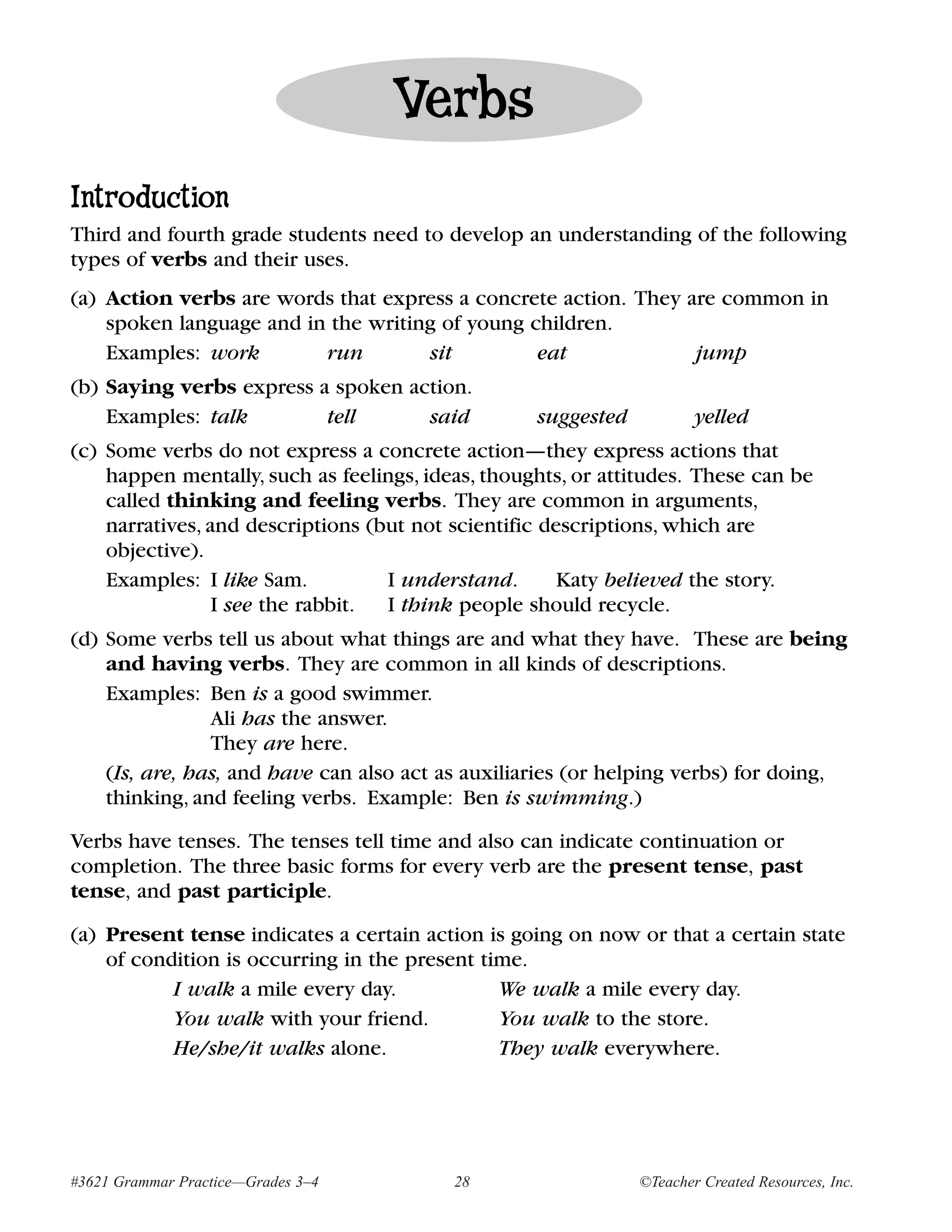 Verbs
Introduction
Third and fourth grade students need to develop an understanding of the following
types of verbs and their uses.
(a) Action verbs are words that express a concrete action. They are common in
    spoken language and in the writing of young children.
    Examples: work        run        sit         eat             jump
(b) Saying verbs express a spoken action.
    Examples: talk        tell      said           suggested           yelled
(c) Some verbs do not express a concrete action—they express actions that
    happen mentally, such as feelings, ideas, thoughts, or attitudes. These can be
    called thinking and feeling verbs. They are common in arguments,
    narratives, and descriptions (but not scientific descriptions, which are
    objective).
    Examples: I like Sam.          I understand.       Katy believed the story.
                 I see the rabbit. I think people should recycle.
(d) Some verbs tell us about what things are and what they have. These are being
    and having verbs. They are common in all kinds of descriptions.
    Examples: Ben is a good swimmer.
                Ali has the answer.
                They are here.
    (Is, are, has, and have can also act as auxiliaries (or helping verbs) for doing,
    thinking, and feeling verbs. Example: Ben is swimming.)

Verbs have tenses. The tenses tell time and also can indicate continuation or
completion. The three basic forms for every verb are the present tense, past
tense, and past participle.

(a) Present tense indicates a certain action is going on now or that a certain state
    of condition is occurring in the present time.
           I walk a mile every day.            We walk a mile every day.
           You walk with your friend.          You walk to the store.
           He/she/it walks alone.              They walk everywhere.




#3621 Grammar Practice—Grades 3–4         28                   ©Teacher Created Resources, Inc.
 