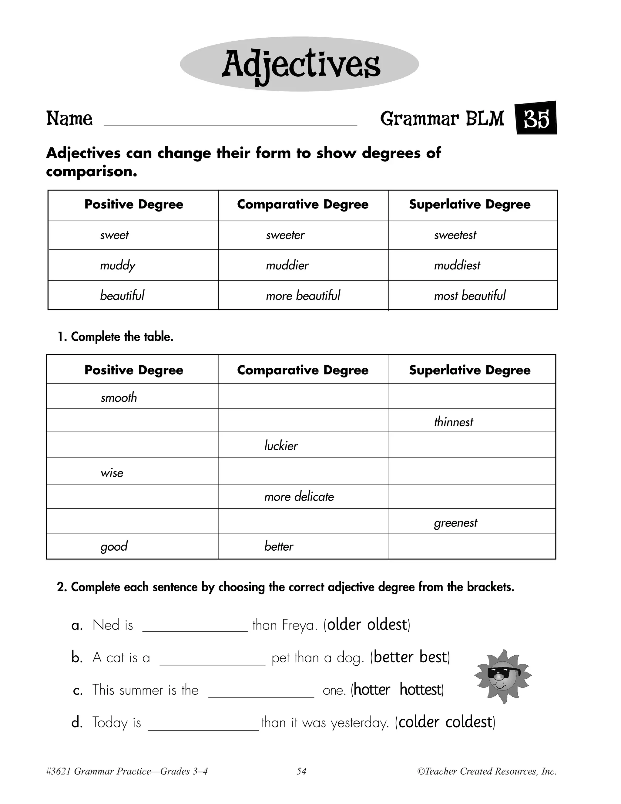 Adjectives
Name                                                            Grammar BLM 35
Adjectives can change their form to show degrees of
comparison.

       Positive Degree               Comparative Degree               Superlative Degree

           sweet                         sweeter                           sweetest

           muddy                         muddier                           muddiest

           beautiful                     more beautiful                    most beautiful


  1. Complete the table.

       Positive Degree               Comparative Degree               Superlative Degree

           smooth

                                                                           thinnest
                                        luckier

           wise
                                        more delicate

                                                                           greenest
           good                         better


  2. Complete each sentence by choosing the correct adjective degree from the brackets.


     a. Ned is                         than Freya. (older    oldest)
     b. A cat is a                        pet than a dog. (better       best)
     c. This summer is the                            one. (hotter   hottest)
     d. Today is                        than it was yesterday. (colder          coldest)

#3621 Grammar Practice—Grades 3–4                54                     ©Teacher Created Resources, Inc.
 