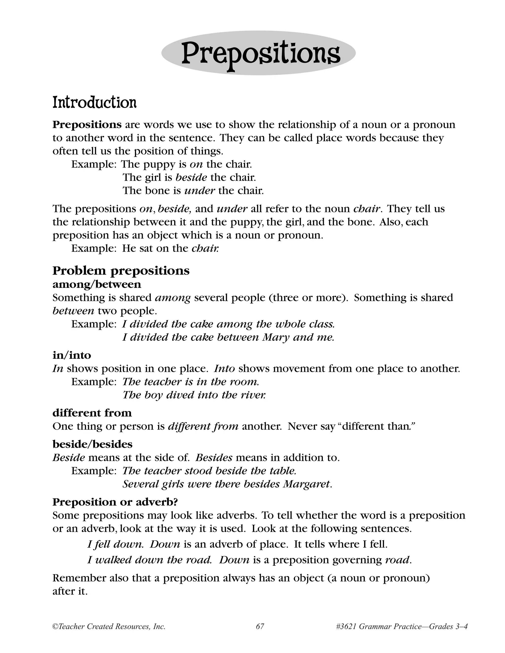 Prepositions
Introduction
Prepositions are words we use to show the relationship of a noun or a pronoun
to another word in the sentence. They can be called place words because they
often tell us the position of things.
    Example: The puppy is on the chair.
                The girl is beside the chair.
                The bone is under the chair.
The prepositions on, beside, and under all refer to the noun chair. They tell us
the relationship between it and the puppy, the girl, and the bone. Also, each
preposition has an object which is a noun or pronoun.
    Example: He sat on the chair.
Problem prepositions
among/between
Something is shared among several people (three or more). Something is shared
between two people.
   Example: I divided the cake among the whole class.
              I divided the cake between Mary and me.
in/into
In shows position in one place. Into shows movement from one place to another.
    Example: The teacher is in the room.
             The boy dived into the river.
different from
One thing or person is different from another. Never say “different than.”
beside/besides
Beside means at the side of. Besides means in addition to.
   Example: The teacher stood beside the table.
             Several girls were there besides Margaret.
Preposition or adverb?
Some prepositions may look like adverbs. To tell whether the word is a preposition
or an adverb, look at the way it is used. Look at the following sentences.
       I fell down. Down is an adverb of place. It tells where I fell.
       I walked down the road. Down is a preposition governing road.
Remember also that a preposition always has an object (a noun or pronoun)
after it.

©Teacher Created Resources, Inc.         67              #3621 Grammar Practice—Grades 3–4
 