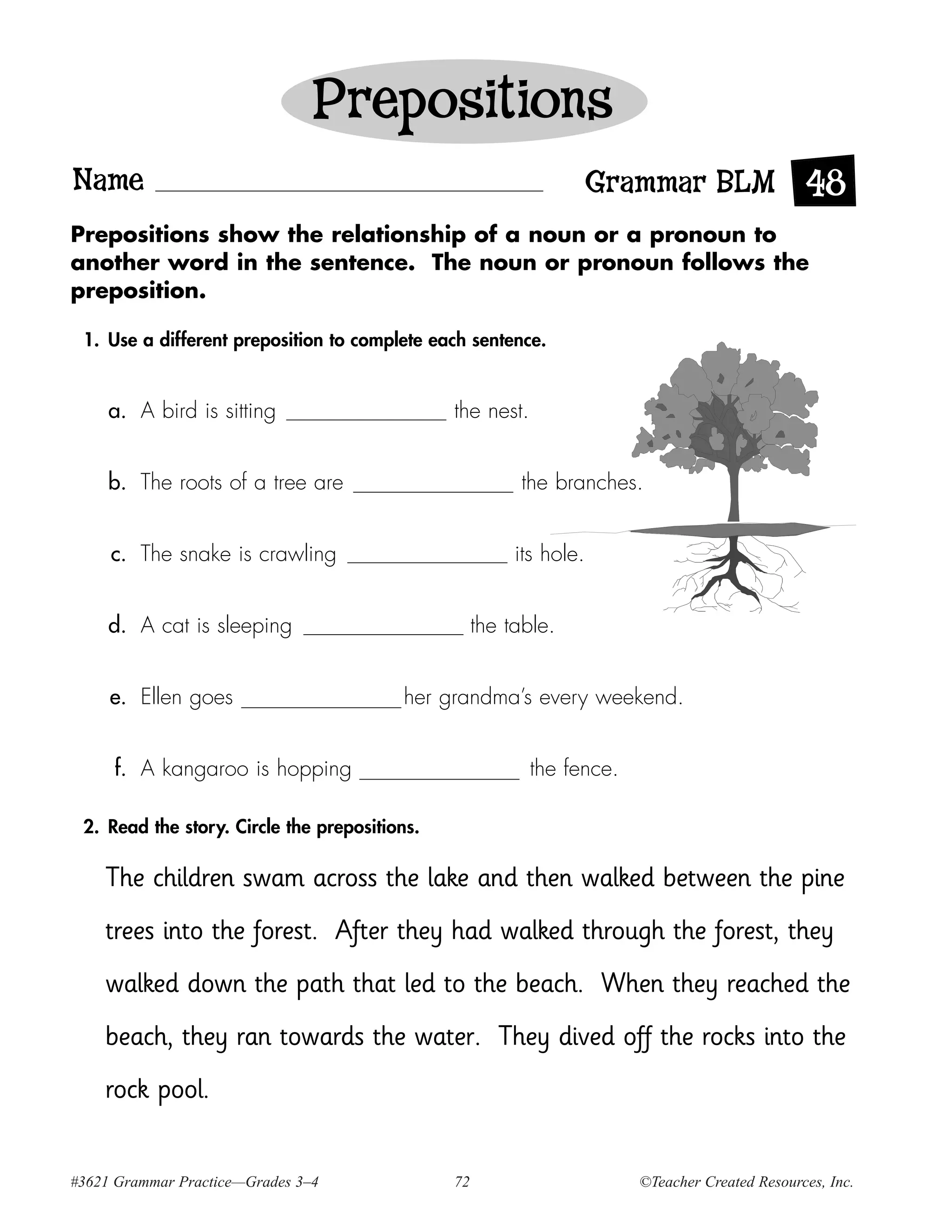 Prepositions
Name                                                                 Grammar BLM 48
Prepositions show the relationship of a noun or a pronoun to
another word in the sentence. The noun or pronoun follows the
preposition.

 1. Use a different preposition to complete each sentence.


     a. A bird is sitting                      the nest.


     b. The roots of a tree are                           the branches.


     c. The snake is crawling                            its hole.


     d. A cat is sleeping                           the table.


     e. Ellen goes                       her grandma’s every weekend.


     f. A kangaroo is hopping                              the fence.

 2. Read the story. Circle the prepositions.

    The children swam across the lake and then walked between the pine
    trees into the forest. After they had walked through the forest, they
    walked down the path that led to the beach. When they reached the
    beach, they ran towards the water. They dived off the rocks into the
    rock pool.


#3621 Grammar Practice—Grades 3–4              72                       ©Teacher Created Resources, Inc.
 