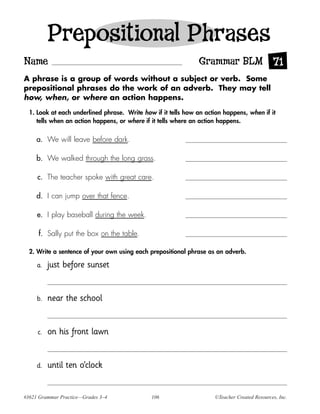 Prepositional Phrases
Name                                                            Grammar BLM 71
A phrase is a group of words without a subject or verb. Some
prepositional phrases do the work of an adverb. They may tell
how, when, or where an action happens.

  1. Look at each underlined phrase. Write how if it tells how an action happens, when if it
     tells when an action happens, or where if it tells where an action happens.


     a. We will leave before dark.

     b. We walked through the long grass.

     c. The teacher spoke with great care.

     d. I can jump over that fence.

     e. I play baseball during the week.

     f. Sally put the box on the table.

  2. Write a sentence of your own using each prepositional phrase as an adverb.

     a.   just before sunset


     b.   near the school


     c.   on his front lawn


     d.   until ten o’clock


#3621 Grammar Practice—Grades 3–4             106                    ©Teacher Created Resources, Inc.
 