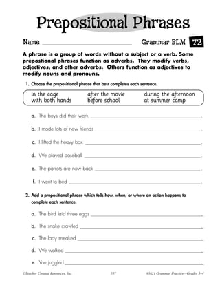 Prepositional Phrases
Name                                                         Grammar BLM 72
A phrase is a group of words without a subject or a verb. Some
prepostional phrases function as adverbs. They modify verbs,
adjectives, and other adverbs. Others function as adjectives to
modify nouns and pronouns.

 1. Choose the prepositional phrase that best completes each sentence.

     in the cage                   after the movie            during the afternoon
     with both hands               before school              at summer camp

     a. The boys did their work                                                                .

     b. I made lots of new friends                                                             .

      c. I lifted the heavy box                                                                .

     d. We played baseball                                                                     .

     e. The parrots are now back                                                               .

      f. I went to bed                                                                         .

 2. Add a prepositional phrase which tells how, when, or where an action happens to
     complete each sentence.

     a. The bird laid three eggs                                                               .

     b. The snake crawled                                                                      .

      c. The lady sneaked                                                                      .

     d. We walked                                                                              .

     e. You juggled                                                                            .

©Teacher Created Resources, Inc.             107                #3621 Grammar Practice—Grades 3–4
 