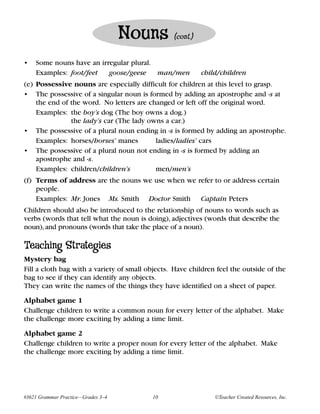 Nouns        (cont.)


•   Some nouns have an irregular plural.
    Examples: foot/feet   goose/geese    man/men           child/children
(e) Possessive nouns are especially difficult for children at this level to grasp.
• The possessive of a singular noun is formed by adding an apostrophe and -s at
    the end of the word. No letters are changed or left off the original word.
    Examples: the boy’s dog (The boy owns a dog.)
               the lady’s car (The lady owns a car.)
• The possessive of a plural noun ending in -s is formed by adding an apostrophe.
    Examples: horses/horses’ manes        ladies/ladies’ cars
• The possessive of a plural noun not ending in -s is formed by adding an
    apostrophe and -s.
    Examples: children/children’s         men/men’s
(f) Terms of address are the nouns we use when we refer to or address certain
    people.
    Examples: Mr. Jones Ms. Smith Doctor Smith Captain Peters
Children should also be introduced to the relationship of nouns to words such as
verbs (words that tell what the noun is doing), adjectives (words that describe the
noun), and pronouns (words that take the place of a noun).

Teaching Strategies
Mystery bag
Fill a cloth bag with a variety of small objects. Have children feel the outside of the
bag to see if they can identify any objects.
They can write the names of the things they have identified on a sheet of paper.

Alphabet game 1
Challenge children to write a common noun for every letter of the alphabet. Make
the challenge more exciting by adding a time limit.

Alphabet game 2
Challenge children to write a proper noun for every letter of the alphabet. Make
the challenge more exciting by adding a time limit.




#3621 Grammar Practice—Grades 3–4         10                   ©Teacher Created Resources, Inc.
 