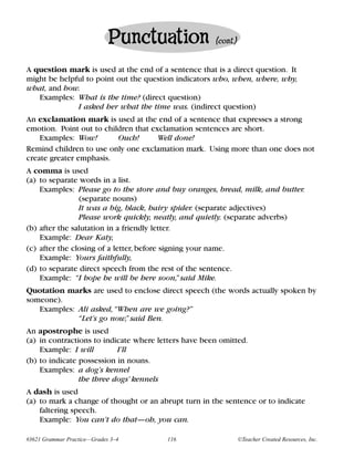Punctuation              (cont.)


A question mark is used at the end of a sentence that is a direct question. It
might be helpful to point out the question indicators who, when, where, why,
what, and how.
   Examples: What is the time? (direct question)
              I asked her what the time was. (indirect question)
An exclamation mark is used at the end of a sentence that expresses a strong
emotion. Point out to children that exclamation sentences are short.
    Examples: Wow!        Ouch!       Well done!
Remind children to use only one exclamation mark. Using more than one does not
create greater emphasis.
A comma is used
(a) to separate words in a list.
    Examples: Please go to the store and buy oranges, bread, milk, and butter.
                (separate nouns)
                It was a big, black, hairy spider. (separate adjectives)
                Please work quickly, neatly, and quietly. (separate adverbs)
(b) after the salutation in a friendly letter.
    Example: Dear Katy,
(c) after the closing of a letter, before signing your name.
    Example: Yours faithfully,
(d) to separate direct speech from the rest of the sentence.
    Example: “I hope he will be here soon,” said Mike.
Quotation marks are used to enclose direct speech (the words actually spoken by
someone).
   Examples: Ali asked, “When are we going?”
             “Let’s go now,” said Ben.
An apostrophe is used
(a) in contractions to indicate where letters have been omitted.
    Example: I will        I’ll
(b) to indicate possession in nouns.
    Examples: a dog’s kennel
                the three dogs’ kennels
A dash is used
(a) to mark a change of thought or an abrupt turn in the sentence or to indicate
    faltering speech.
    Example: You can’t do that—oh, you can.

#3621 Grammar Practice—Grades 3–4       116                     ©Teacher Created Resources, Inc.
 