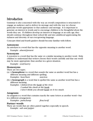 Vocabulary
Introduction
Grammar is also concerned with the way an overall composition is structured to
engage an audience and to deliver its message and with the way we choose
particular words appropriate to that audience and message. It is important to
generate an interest in words and to encourage children to be thoughtful about the
words they use. If children develop an interest in language at an early age, they
should continue throughout their school life and into adulthood appreciating the
richness and diversity of our ever-growing language.
Concepts third and fourth graders should become familiar with follow.
Antonyms
An antonym is a word that has the opposite meaning to another word.
   Example: absent/present
Synonyms
A synonym is a word that has the same or a similar meaning to another word. Help
children to understand that writers choose their words carefully and that one word
may be more appropriate than another in a given situation.
    Example: wed/marry
Homonyms
There are two types.
(a) A homophone is a word that sounds the same as another word but has a
    different meaning and different spelling.
    Examples: bear/bare             sun/son
(b) A homograph is a word that is spelled the same as another word but has a
    different meaning.
    Examples: I fished from the bank of the river.
               I cashed the check at the bank.
               I don’t think you should bank on it too much.
Anagrams
An anagram is a word that contains exactly the same letters as another word—but
in a different arrangement.
    Examples: palm/lamp            flow/wolf
Partner words
These are words that are often paired together, especially in speech.
   Example: salt and pepper


#3621 Grammar Practice—Grades 3–4        124                 ©Teacher Created Resources, Inc.
 