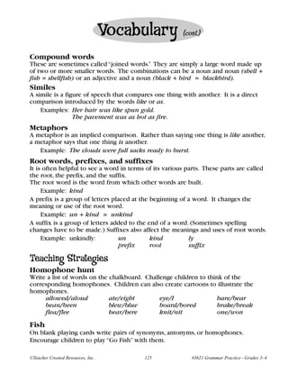 Vocabulary           (cont.)


Compound words
These are sometimes called “joined words.” They are simply a large word made up
of two or more smaller words. The combinations can be a noun and noun (shell +
fish = shellfish) or an adjective and a noun (black + bird = blackbird).
Similes
A simile is a figure of speech that compares one thing with another. It is a direct
comparison introduced by the words like or as.
    Examples: Her hair was like spun gold.
                 The pavement was as hot as fire.
Metaphors
A metaphor is an implied comparison. Rather than saying one thing is like another,
a metaphor says that one thing is another.
   Example: The clouds were full sacks ready to burst.
Root words, prefixes, and suffixes
It is often helpful to see a word in terms of its various parts. These parts are called
the root, the prefix, and the suffix.
The root word is the word from which other words are built.
     Example: kind
A prefix is a group of letters placed at the beginning of a word. It changes the
meaning or use of the root word.
     Example: un + kind = unkind
A suffix is a group of letters added to the end of a word. (Sometimes spelling
changes have to be made.) Suffixes also affect the meanings and uses of root words.
     Example: unkindly:          un          kind          ly
                                  prefix     root          suffix

Teaching Strategies
Homophone hunt
Write a list of words on the chalkboard. Challenge children to think of the
corresponding homophones. Children can also create cartoons to illustrate the
homophones.
     allowed/aloud           ate/eight        eye/I                bare/bear
     bean/been               blew/blue        board/bored          brake/break
     flea/flee               hear/here        knit/nit             one/won
Fish
On blank playing cards write pairs of synonyms, antonyms, or homophones.
Encourage children to play “Go Fish” with them.

©Teacher Created Resources, Inc.          125              #3621 Grammar Practice—Grades 3–4
 