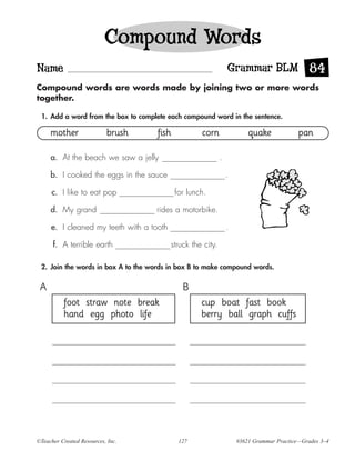 Compound Words
Name                                                             Grammar BLM 84
Compound words are words made by joining two or more words
together.

 1. Add a word from the box to complete each compound word in the sentence.

     mother                brush    fish            corn                 quake             pan

     a. At the beach we saw a jelly                          .

     b. I cooked the eggs in the sauce                           .

      c. I like to eat pop                 for lunch.

     d. My grand                    rides a motorbike.

     e. I cleaned my teeth with a tooth                          .

      f. A terrible earth                 struck the city.

 2. Join the words in box A to the words in box B to make compound words.


 A                                            B
          foot straw note break                     cup boat fast book
          hand egg photo life                       berry ball graph cuffs




©Teacher Created Resources, Inc.            127                      #3621 Grammar Practice—Grades 3–4
 