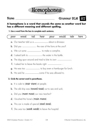 Homophones
Name                                                              Grammar BLM 87
A homophone is a word that sounds the same as another word but
has a different meaning and different spelling.

  1. Use a word from the box to complete each sentence.

    poor         wood           tail       hear         pour       would          tale        here
     a. Our teacher told us a                           about a dinosaur.

     b. Did you                         the roar of the lions at the zoo?

     c. We cut some                          to make a campfire.

     d. I asked Leith to                      the water in the bottle.

     e. The dog spun around and tried to bite its own                               .

     f. I asked her to leave the books right                          .

     g. He was too                          to buy even a hamburger for lunch.

     h. He said he                        come if he was allowed to.

 2. Circle the correct word in parentheses.

     a. It is rude to (stair   stare) at people.
     b. The old ship was (towed          toad) out to sea and sunk.
     c. Did you (meet       meat) our new teacher?
     d. I brushed the horse’s (main        mane).
     e. This car is made of special (steel        steal).
     f. She was too (week           weak) to leave the hospital.


#3621 Grammar Practice—Grades 3–4                 130                     ©Teacher Created Resources, Inc.
 