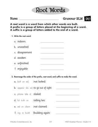 Root Words
Name                                                          Grammar BLM 90
A root word is a word from which other words are built.
A prefix is a group of letters placed at the beginning of a word.
A suffix is a group of letters added to the end of a word.

  1. Write the root word.

     a.    indoors
     b.    unwashed
      c.   disagreement
     d.    awaken
      e.   unfinished
      f.   enjoyable

  2. Rearrange the order of the prefix, root word, and suffix to make the word.

     a. bolt un ed                 (not   locked)

     b. appear dis ed (to             go out of sight)

      c. phone tele d              (dialed)

     d. ful truth un               (telling   lies)

      e. ed un claim               (not   claimed)

      f. ing re build              (building again)


©Teacher Created Resources, Inc.                      133        #3621 Grammar Practice—Grades 3–4
 
