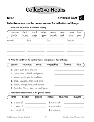 Collective Nouns
Name                                                                Grammar BLM 8
Collective nouns are the names we use for collections of things.

  1. Write each noun under its collective heading.

     banana         chair           stool   zebra           table    swan        dove        lion
     giraffe        horse           eagle   apple           peach    desk        emu         pear
Animals                   Birds                     Fruit                     Furniture




  2. Write the word from the box that names each group or class of things.

     people         countries           meat         vegetables           flowers            fruit
     a. uncle, aunt, boy, and girl
     b. daisy, rose, daffodil, and pansy
     c. lettuce, turnip, potato, and bean
     d. chop, sausage, steak, and lamb
     e. lemon, orange, lime, and apricot
     f. Australia, China, Vietnam, and Spain

 3. Match each collective noun to the group it names.

    cards           people            grapes         beads          students            players

     a. a class of                                     d. a deck of
     b. a team of                                      e. a crowd of
     c. a bunch of                                      f. a string of


#3621 Grammar Practice—Grades 3–4              20                        ©Teacher Created Resources, Inc.
 