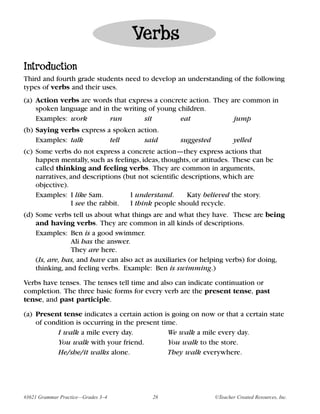 Verbs
Introduction
Third and fourth grade students need to develop an understanding of the following
types of verbs and their uses.
(a) Action verbs are words that express a concrete action. They are common in
    spoken language and in the writing of young children.
    Examples: work        run        sit         eat             jump
(b) Saying verbs express a spoken action.
    Examples: talk        tell      said           suggested           yelled
(c) Some verbs do not express a concrete action—they express actions that
    happen mentally, such as feelings, ideas, thoughts, or attitudes. These can be
    called thinking and feeling verbs. They are common in arguments,
    narratives, and descriptions (but not scientific descriptions, which are
    objective).
    Examples: I like Sam.          I understand.       Katy believed the story.
                 I see the rabbit. I think people should recycle.
(d) Some verbs tell us about what things are and what they have. These are being
    and having verbs. They are common in all kinds of descriptions.
    Examples: Ben is a good swimmer.
                Ali has the answer.
                They are here.
    (Is, are, has, and have can also act as auxiliaries (or helping verbs) for doing,
    thinking, and feeling verbs. Example: Ben is swimming.)

Verbs have tenses. The tenses tell time and also can indicate continuation or
completion. The three basic forms for every verb are the present tense, past
tense, and past participle.

(a) Present tense indicates a certain action is going on now or that a certain state
    of condition is occurring in the present time.
           I walk a mile every day.            We walk a mile every day.
           You walk with your friend.          You walk to the store.
           He/she/it walks alone.              They walk everywhere.




#3621 Grammar Practice—Grades 3–4         28                   ©Teacher Created Resources, Inc.
 