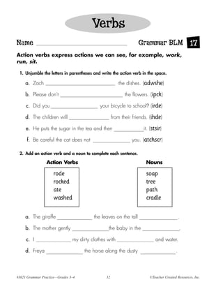 Verbs
Name                                                              Grammar BLM 17
Action verbs express actions we can see, for example, work,
run, sit.

 1. Unjumble the letters in parentheses and write the action verb in the space.

     a. Zach                                           the dishes. (adwshe)

     b. Please don’t                                      the flowers. (ipck)

     c. Did you                             your bicycle to school? (irde)

     d. The children will                           from their friends. (ihde)

     e. He puts the sugar in the tea and then                       it. (stsir)

     f. Be careful the cat does not                           you. (atchscr)

 2. Add an action verb and a noun to complete each sentence.

                 Action Verbs                                        Nouns

                    rode                                             soap
                    rocked                                           tree
                    ate                                              path
                    washed                                           cradle

     a. The giraffe                      the leaves on the tall                            .

     b. The mother gently                       the baby in the                            .

     c. I                      my dirty clothes with                       and water.

     d. Freya                       the horse along the dusty                          .




#3621 Grammar Practice—Grades 3–4              32                      ©Teacher Created Resources, Inc.
 