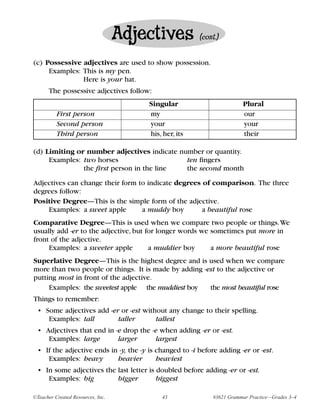 Adjectives            (cont.)


(c) Possessive adjectives are used to show possession.
     Examples: This is my pen.
               Here is your hat.
       The possessive adjectives follow:
                                        Singular                         Plural
          First person                  my                               our
          Second person                 your                             your
          Third person                  his, her, its                    their

(d) Limiting or number adjectives indicate number or quantity.
     Examples: two horses                    ten fingers
               the first person in the line  the second month

Adjectives can change their form to indicate degrees of comparison. The three
degrees follow:
Positive Degree—This is the simple form of the adjective.
    Examples: a sweet apple       a muddy boy        a beautiful rose
Comparative Degree—This is used when we compare two people or things.We
usually add -er to the adjective, but for longer words we sometimes put more in
front of the adjective.
     Examples: a sweeter apple         a muddier boy      a more beautiful rose
Superlative Degree—This is the highest degree and is used when we compare
more than two people or things. It is made by adding -est to the adjective or
putting most in front of the adjective.
     Examples: the sweetest apple the muddiest boy     the most beautiful rose
Things to remember:
  • Some adjectives add -er or -est without any change to their spelling.
     Examples: tall        taller       tallest
  • Adjectives that end in -e drop the -e when adding -er or -est.
     Examples: large        larger       largest
  • If the adjective ends in -y, the -y is changed to -i before adding -er or -est.
     Examples: heavy        heavier        heaviest
  • In some adjectives the last letter is doubled before adding -er or -est.
     Examples: big         bigger         biggest

©Teacher Created Resources, Inc.            43                #3621 Grammar Practice—Grades 3–4
 