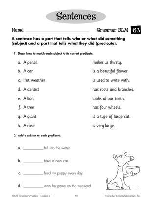 Sentences
Name                                                             Grammar BLM 63
A sentence has a part that tells who or what did something
(subject) and a part that tells what they did (predicate).

 1. Draw lines to match each subject to its correct predicate.

    a. A pencil                                              makes us thirsty.
    b. A car                                                 is a beautiful flower.
     c. Hot weather                                          is used to write with.
    d. A dentist                                             has roots and branches.
     e. A lion                                               looks at our teeth.
     f. A tree                                               has four wheels.
    g. A giant                                               is a type of large cat.
    h. A rose                                                is very large.

 2. Add a subject to each predicate.



     a.                   fell into the water.


     b.                   have a new car.


     c.                   feed my puppy every day.


     d.                   won the game on the weekend.

#3621 Grammar Practice—Grades 3–4                96                  ©Teacher Created Resources, Inc.
 