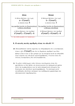 Ι Σ Τ Ο Ρ Ι ΕΣ Α Π Ο Τ Η « Θεω ρί α τω ν α ρι θμ ών »
Γ. Λαγουδάκος Σελίδα 54
Αλίκη
Η Αλίκη βρίσκει την τιμή
3
α 3 (mod7)
η οποία είναι 6
τον αριθμό αυτόν το δημοσιοποιεί
η Αλίκη ελεύθερα
η Αλίκη βρίσκει τον αριθμό
A 3
b (mod7) 3 (mod7) 6
Μπομπ
Ο Μπομπ βρίσκει την τιμή
1
b 3 (mod7)
η οποία είναι 3
Τον αριθμό αυτόν το δημοσιοποιεί
ο Μπομπ ελεύθερα
Ο Μπομπ βρίσκει τον αριθμό
B 1
α (mod7) 6 (mod7) 6
* 5 . ( Δ ε ς β ι β λ ι ο γ ρ α φ ί α σ τ ο π α ρ ά ρ τ η μ α )
9. Ο κοινός αυτός αριθμός είναι το κλειδί !!!
10. Οποιοσδήποτε τρίτος έχοντας τις πληροφορίες ότι η συνάρτηση
είναι η
x
y 3 (mod7) και ότι οι δημόσιοι αριθμοί των δύο
φίλων είναι 6 και 3, δεν μπορεί με τα στοιχεία αυτά να οδηγηθεί
στην εύρεση του κλειδιού κρυπτογράφησης. Η αιτία είναι ότι
τέτοιες συναρτήσεις δεν αντιστρέφονται.
11. Το μόνο «ελάττωμα» ενός τέτοιου συστήματος είναι ότι
χρειάζεται οι δύο φίλοι να επικοινωνούν σε πραγματικό χρόνο
ώστε να συμφωνήσουν για τα τρία απαραίτητα στοιχεία της
διανομής του κλειδιού κρυπτογράφησης. Το σύστημα αυτό
ανταλλαγής κλειδιών καταργεί τον αυθόρμητο χαρακτήρα του
ηλεκτρονικού ταχυδρομείου.
 