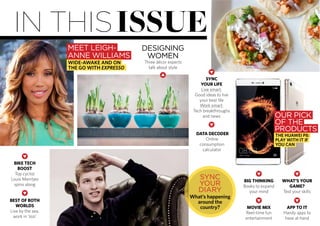 in thisissue
DATA DECODER
Online
consumption
calculator
Three décor experts
talk about style
BIKE TECH
BOOST
Top cyclist
Louis Meintjes
spins along
BEST OF BOTH
WORLDS
Live by the sea,
work in ‘Jozi’
BIG THINKING
Books to expand
your mind
MOVIE MIX
Reel-time fun
entertainment
WHAT’S YOUR
GAME?
Test your skills
APP TO IT
Handy apps to
have at hand
MEET LEIGH-
ANNE WILLIAMS
WIDE-AWAKE AND ON
THE GO WITH EXPRESSO
THE HUAWEI P8:
PLAY WITH IT IF
YOU CAN
OUR PICK
OF THE
PRODUCTS
What’s happening
around the
country?
SYNC
YOUR
DIARY
SYNC
YOUR LIFE
Live smart:
Good ideas to live
your best life
Work smart:
Tech breakthroughs
and news
DESIGNING
WOMEN
 