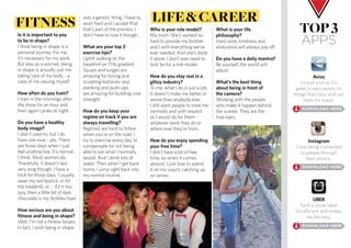 top3
aPPs
Is it is important to you
to be in shape?
I think being in shape is a
personal journey. For me,
it’s necessary for my work.
But also as a woman, being
in shape is actually just me
taking care of my body - a
case of me valuing myself.
How often do you train?
I train in the mornings after
the show for an hour and
then again cardio at night.
Do you have a healthy
body image?
I didn’t used to, but I do
have one now - yes. There
are those days when I just
feel unattractive. It’s normal,
I think. Most women do.
Thankfully, it doesn’t last
very long though. I have a
trick for those days. I usually
wear my red lipstick, or hit
the treadmill, or ... if I’m too
lazy, then a little bit of dark
chocolate is my Achilles heel.
How serious are you about
fitness and being in shape?
Well, I’m not a fitness fanatic.
In fact, I wish being in shape
was a genetic thing. I have to
work hard and I accept that
that’s part of the process. I
don’t have to love it though…
What are your top 3
exercise tips?
Uphill walking on the
treadmill on 15% gradient.
Squats and lunges are
amazing for toning and
sculpting buttocks, and
planking and push-ups
are amazing for building core
strength.
How do you keep your
regime on track if you are
always travelling?
Regimes are hard to follow
when you’re on the road. I
try to exercise every day, to
compensate for not being
able to eat what I normally
would. And I drink lots of
water. Then when I get back
home, I jump right back into
my normal routine.
Who is your role model?
My mom. She’s worked so
hard to provide my brother
and I with everything we’ve
ever needed. And she’s done
it alone. I don’t ever need to
look far for a role model.
How do you stay real in a
glitzy industry?
To me, what I do is just a job.
It doesn’t make me better or
worse than anybody else.
I still want people to treat me
normally and with respect
as I would do for them -
whatever work they do or
where ever they’re from.
How do you enjoy spending
your free time?
I don’t have a lot of free
time, so when it comes
around, I just love to spend
it on my couch, catching up
on series.
What is your life
philosophy?
Hard work, kindness and
endurance will always pay off.
Do you have a daily mantra?
Be yourself, the world will
adjust.
What’s the best thing
about being in front of
the camera?
Working with the people
who make it happen behind
the scenes. They are the
true stars.
fitness life&career
Avios
I travel a lot so it’s
great to earn points on
things that I buy and use
them for travel.
Instagram
I love being connected
to people through
their photos.
UBER
Such a clever idea!
It’s efficient and makes
my life easy.
 