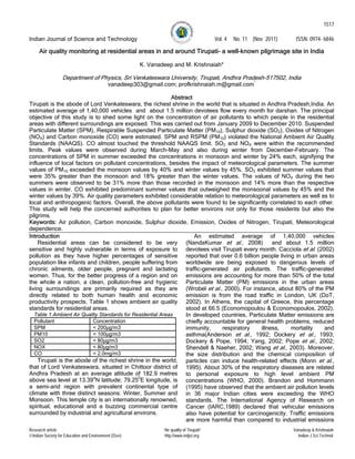 Indian Journal of Science and Technology Vol. 4 No. 11 (Nov 2011) ISSN: 0974- 6846
Research article “Air quality of Tirupati” Vanadeep & Krishnaiah
©Indian Society for Education and Environment (iSee) http://www.indjst.org Indian J.Sci.Technol.
1517
Air quality monitoring at residential areas in and around Tirupati- a well-known pilgrimage site in India
K. Vanadeep and M. Krishnaiah*
Department of Physics, Sri Venkateswara University, Tirupati, Andhra Pradesh-517502, India
vanadeep303@gmail.com; profkrishnaiah.m@gmail.com*
Abstract
Tirupati is the abode of Lord Venkateswara, the richest shrine in the world that is situated in Andhra Pradesh,India. An
estimated average of 1,40,000 vehicles and about 1.5 million devotees flow every month for darshan. The principal
objective of this study is to shed some light on the concentration of air pollutants to which people in the residential
areas with different surroundings are exposed. This was carried out from January 2009 to December 2010. Suspended
Particulate Matter (SPM), Respirable Suspended Particulate Matter (PM10), Sulphur dioxide (SO2), Oxides of Nitrogen
(NOX) and Carbon monoxide (CO) were estimated. SPM and RSPM (PM10) violated the National Ambient Air Quality
Standards (NAAQS). CO almost touched the threshold NAAQS limit. SO2 and NOX were within the recommended
limits. Peak values were observed during March-May and also during winter from December-February. The
concentrations of SPM in summer exceeded the concentrations in monsoon and winter by 24% each, signifying the
influence of local factors on pollutant concentrations, besides the impact of meteorological parameters. The summer
values of PM10 exceeded the monsoon values by 40% and winter values by 45%. SO2 exhibited summer values that
were 35% greater than the monsoon and 18% greater than the winter values. The values of NOX during the two
summers were observed to be 31% more than those recorded in the monsoon and 14% more than the respective
values in winter. CO exhibited predominant summer values that outweighed the monsoonal values by 45% and the
winter values by 39%. Air quality parameters exhibited considerable relation to meteorological parameters as well as to
local and anthropogenic factors. Overall, the above pollutants were found to be significantly correlated to each other.
This study will help the concerned authorities to plan for better environs not only for those residents but also the
pilgrims.
Keywords: Air pollution, Carbon monoxide, Sulphur dioxide, Emission, Oxides of Nitrogen, Tirupati, Meteorological
dependence.
Introduction
Residential areas can be considered to be very
sensitive and highly vulnerable in terms of exposure to
pollution as they have higher percentages of sensitive
population like infants and children, people suffering from
chronic ailments, older people, pregnant and lactating
women. Thus, for the better progress of a region and on
the whole a nation, a clean, pollution-free and hygienic
living surroundings are primarily required as they are
directly related to both human health and economic
productivity prospects. Table 1 shows ambient air quality
standards for residential areas.
Table 1.Ambient Air Quality Standards for Residential Areas
Pollutant Concentration
SPM < 200µg/m3
PM10 < 100µg/m3
SO2 < 80µg/m3
NOX < 80µg/m3
CO < 2.0mg/m3
Tirupati is the abode of the richest shrine in the world,
that of Lord Venkateswara, situated in Chittoor district of
Andhra Pradesh at an average altitude of 182.9 metres
above sea level at 13.39o
N latitude; 79.250
E longitude, is
a semi-arid region with prevalent continental type of
climate with three distinct seasons: Winter, Summer and
Monsoon. This temple city is an internationally renowned,
spiritual, educational and a buzzing commercial centre
surrounded by industrial and agricultural environs.
An estimated average of 1,40,000 vehicles
(NandaKumar et al., 2008) and about 1.5 million
devotees visit Tirupati every month. Cacciola et al. (2002)
reported that over 0.6 billion people living in urban areas
worldwide are being exposed to dangerous levels of
traffic-generated air pollutants. The traffic-generated
emissions are accounting for more than 50% of the total
Particulate Matter (PM) emissions in the urban areas
(Wrobel et al., 2000). For instance, about 80% of the PM
emission is from the road traffic in London, UK (DoT,
2002). In Athens, the capital of Greece, this percentage
stood at 66.5 (Economopoulou & Economopoulos, 2002).
In developed countries, Particulate Matter emissions are
chiefly accountable for general health problems, reduced
immunity, respiratory illness, mortality and
asthma(Anderson et al., 1992; Dockery et al., 1993;
Dockery & Pope, 1994; Yang, 2002; Pope et al., 2002;
Shendell & Naeher, 2002; Wang et al., 2003). Moreover,
the size distribution and the chemical composition of
particles can induce health-related effects (Monn et al.,
1995). About 30% of the respiratory diseases are related
to personal exposure to high level ambient PM
concentrations (WHO, 2000). Brandon and Hommann
(1995) have observed that the ambient air pollution levels
in 36 major Indian cities were exceeding the WHO
standards. The International Agency of Research on
Cancer (IARC,1989) declared that vehicular emissions
also have potential for carcinogenicity. Traffic emissions
are more harmful than compared to industrial emissions
 