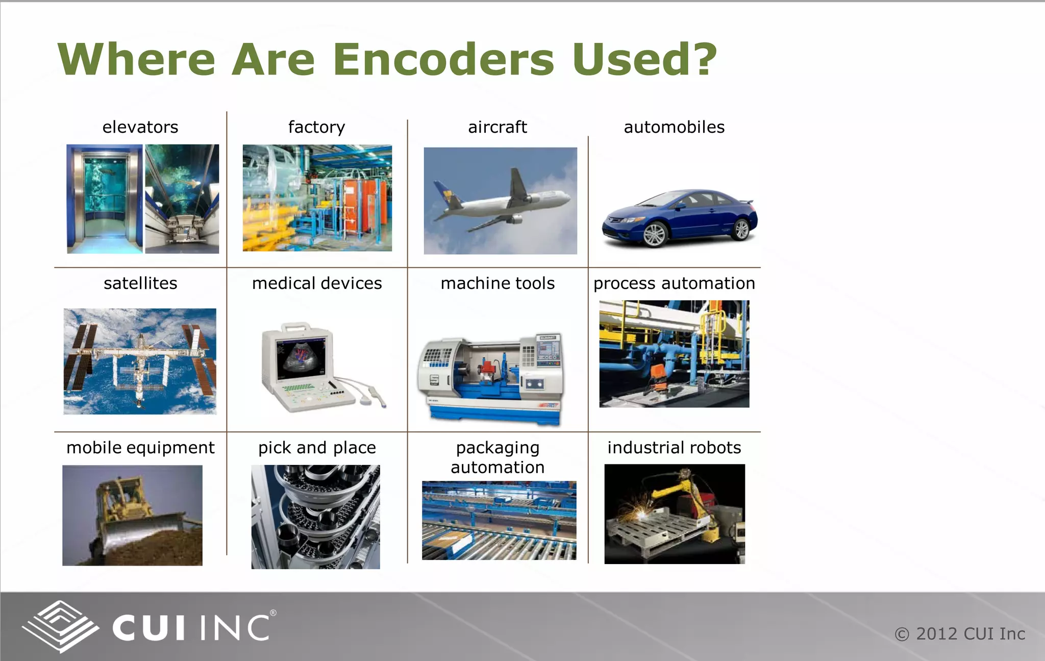 © 2012 CUI Inc
Where Are Encoders Used?
elevators factory aircraft automobiles
satellites
mobile equipment
medical devices machine tools
pick and place
process automation
packaging
automation
industrial robots
 
