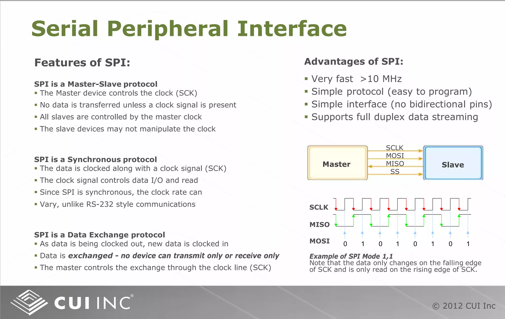 © 2012 CUI Inc
Serial Peripheral Interface
SCLK
MOSI
MISO
SS
Master Slave
SCLK
MISO
MOSI
Example of SPI Mode 1,1
Note that the data only changes on the falling edge
of SCK and is only read on the rising edge of SCK.
0 0 0 0
1 1 1 1
Advantages of SPI:
 Very fast >10 MHz
 Simple protocol (easy to program)
 Simple interface (no bidirectional pins)
 Supports full duplex data streaming
SPI is a Master-Slave protocol
 The Master device controls the clock (SCK)
 No data is transferred unless a clock signal is present
 All slaves are controlled by the master clock
 The slave devices may not manipulate the clock
SPI is a Data Exchange protocol
 As data is being clocked out, new data is clocked in
 Data is exchanged - no device can transmit only or receive only
 The master controls the exchange through the clock line (SCK)
SPI is a Synchronous protocol
 The data is clocked along with a clock signal (SCK)
 The clock signal controls data I/O and read
 Since SPI is synchronous, the clock rate can
 Vary, unlike RS-232 style communications
Features of SPI:
 
