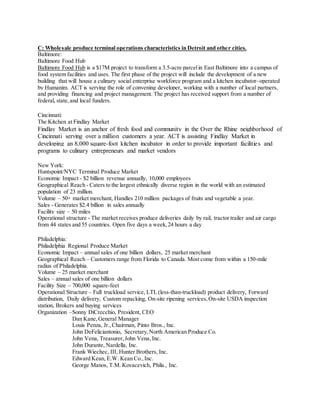 C: Wholesale produce terminal operations characteristics in Detroit and other cities.
Baltimore:
Baltimore Food Hub
Baltimore Food Hub is a $17M project to transform a 3.5-acre parcelin East Baltimore into a campus of
food system facilities and uses. The first phase of the project will include the development of a new
building that will house a culinary social enterprise workforce program and a kitchen incubator–operated
by Humanim. ACT is serving the role of convening developer, working with a number of local partners,
and providing financing and project management. The project has received support from a number of
federal, state,and local funders.
Cincinnati:
The Kitchen at Findlay Market
Findlay Market is an anchor of fresh food and community in the Over the Rhine neighborhood of
Cincinnati serving over a million customers a year. ACT is assisting Findlay Market in
developing an 8,000 square-foot kitchen incubator in order to provide important facilities and
programs to culinary entrepreneurs and market vendors
New York:
Huntspoint/NYC Terminal Produce Market
Economic Impact - $2 billion revenue annually, 10,000 employees
Geographical Reach - Caters to the largest ethnically diverse region in the world with an estimated
population of 23 million.
Volume – 50+ market merchant, Handles 210 million packages of fruits and vegetable a year.
Sales - Generates $2.4 billion in sales annually
Facility size – 50 miles
Operational structure - The market receives produce deliveries daily by rail, tractor trailer and air cargo
from 44 states and 55 countries. Open five days a week,24 hours a day
Philadelphia:
Philadelphia Regional Produce Market
Economic Impact – annual sales of one billion dollars, 25 market merchant
Geographical Reach – Customers range from Florida to Canada. Most come from within a 150-mile
radius of Philadelphia.
Volume – 25 market merchant
Sales – annual sales of one billion dollars
Facility Size – 700,000 square-feet
Operational Structure – Full truckload service, LTL (less-than-truckload) product delivery, Forward
distribution, Daily delivery, Custom repacking, On-site ripening services,On-site USDA inspection
station, Brokers and buying services
Organization –Sonny DiCrecchio, President, CEO
Dan Kane,General Manager
Louis Penza, Jr.,Chairman, Pinto Bros., Inc.
John DeFeliciantonio, Secretary,North American Produce Co.
John Vena, Treasurer,John Vena,Inc.
John Durante, Nardella, Inc.
Frank Wiechec, III, Hunter Brothers, Inc.
Edward Kean, E.W. Kean Co.,Inc.
George Manos, T.M. Kovacevich, Phila., Inc.
 