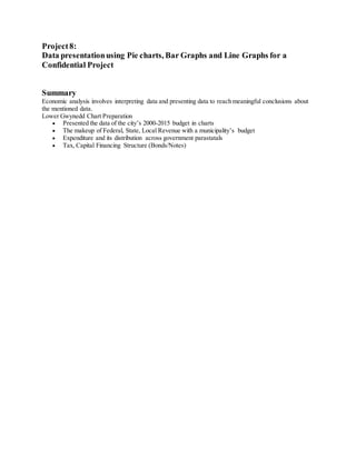 Project8:
Data presentationusing Pie charts, Bar Graphs and Line Graphs for a
Confidential Project
Summary
Economic analysis involves interpreting data and presenting data to reach meaningful conclusions about
the mentioned data.
Lower Gwynedd Chart Preparation
 Presented the data of the city’s 2000-2015 budget in charts
 The makeup of Federal, State, Local Revenue with a municipality’s budget
 Expenditure and its distribution across government parastatals
 Tax, Capital Financing Structure (Bonds/Notes)
 