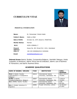 CURRICULUM VITAE
PERSONAL INFORMATION
Interest Areas: Islamic Studies, Comparative Religions, Interfaith Dialogue, Arabic
(Linguistic & Literature), Islamic Word-view & Civilization, Islamic Law of Business
& Transaction, and Islamic Business Ethics.
ACADEMIC QUALIFICATIONS
NAME OF DEGREE/ DIPLOMA YEAR INSTITUTION CGPA/
DIVISION
Ph.D in Islamic Studies
(specialization in Comparative
Religion)
2015 International Islamic
University, Islamabad, Pak
GPA.3.33/4.0
74.00%
M.Phil in Islamic
Studies(Comparative Religion)
2007 International Islamic
University, Islamabad, Pak
3.43/4.0
74.82%
B.A. (HONS) Islamic Studies 2004 International Islamic
University, Islamabad, Pak
2.84
69.70%
M.A. in (Arabic Literature &
linguistic)
2006 Punjab University, Lahore 1st Division
67.50%
Name: Dr. Muhammad Shahid Habib
Father’s Name: Habib-ul-Allah
Date of Birth: October 10, 1974 (Karachi, PAKISTAN)
Marital Status: Married
N.I.C. 42201-0368461-7
Present
Address:
House No. 821 Street 50, I-10/1, Islamabad
CELL #: +92-333-5250584/0313-5250584
Email: shahidhbeeb@gmail.com
 