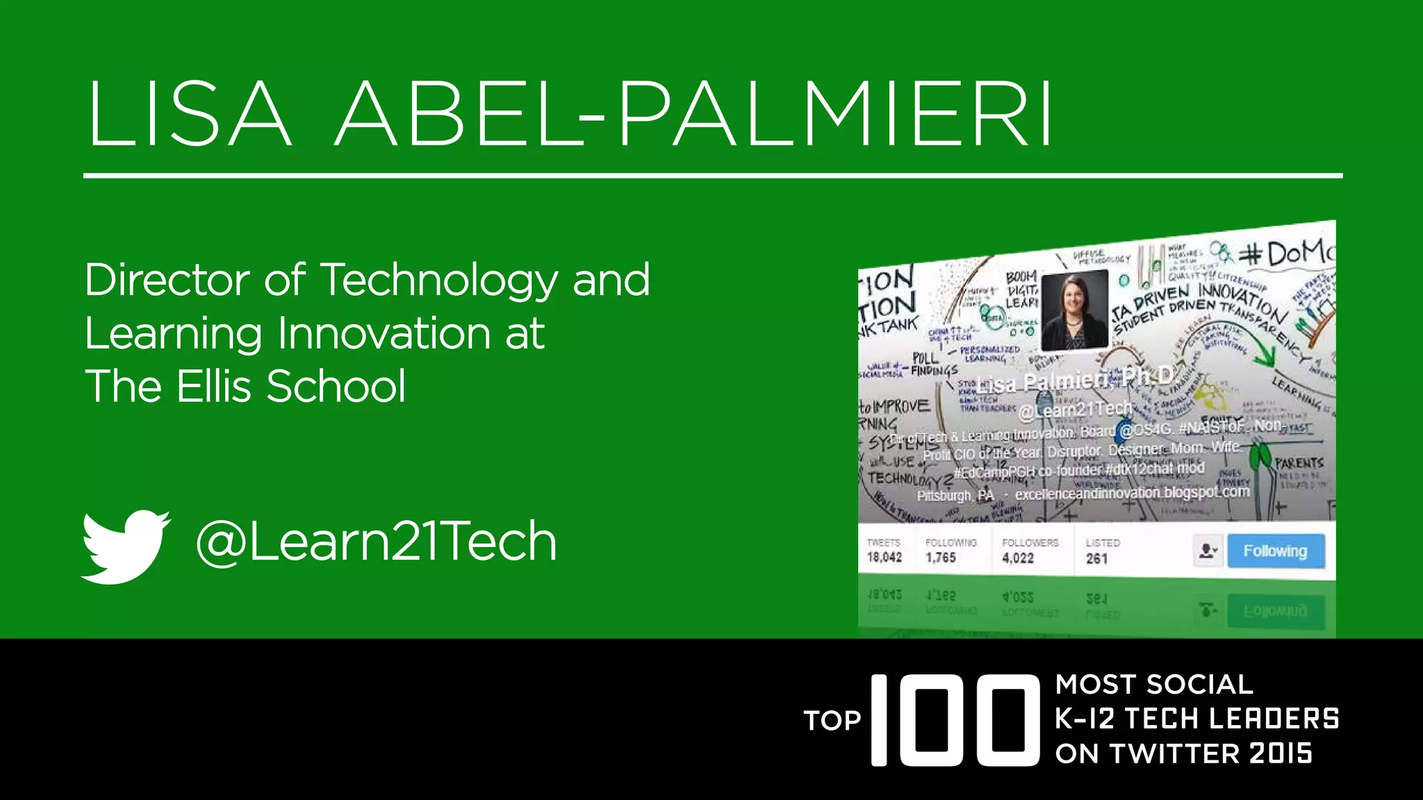 @
MOST SOCIAL
K–I2 TECH LEADERS
ON TWITTER 20I5
TOP
I00
CIO at High Desert Education
Service District
@rwentechaney
RACHEL WENTE-CHANEY
 