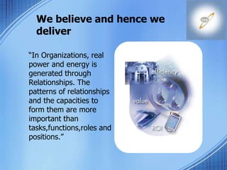 We believe and hence we
deliver
“In Organizations, real
power and energy is
generated through
Relationships. The
patterns of relationships
and the capacities to
form them are more
important than
tasks,functions,roles and
positions.”
 