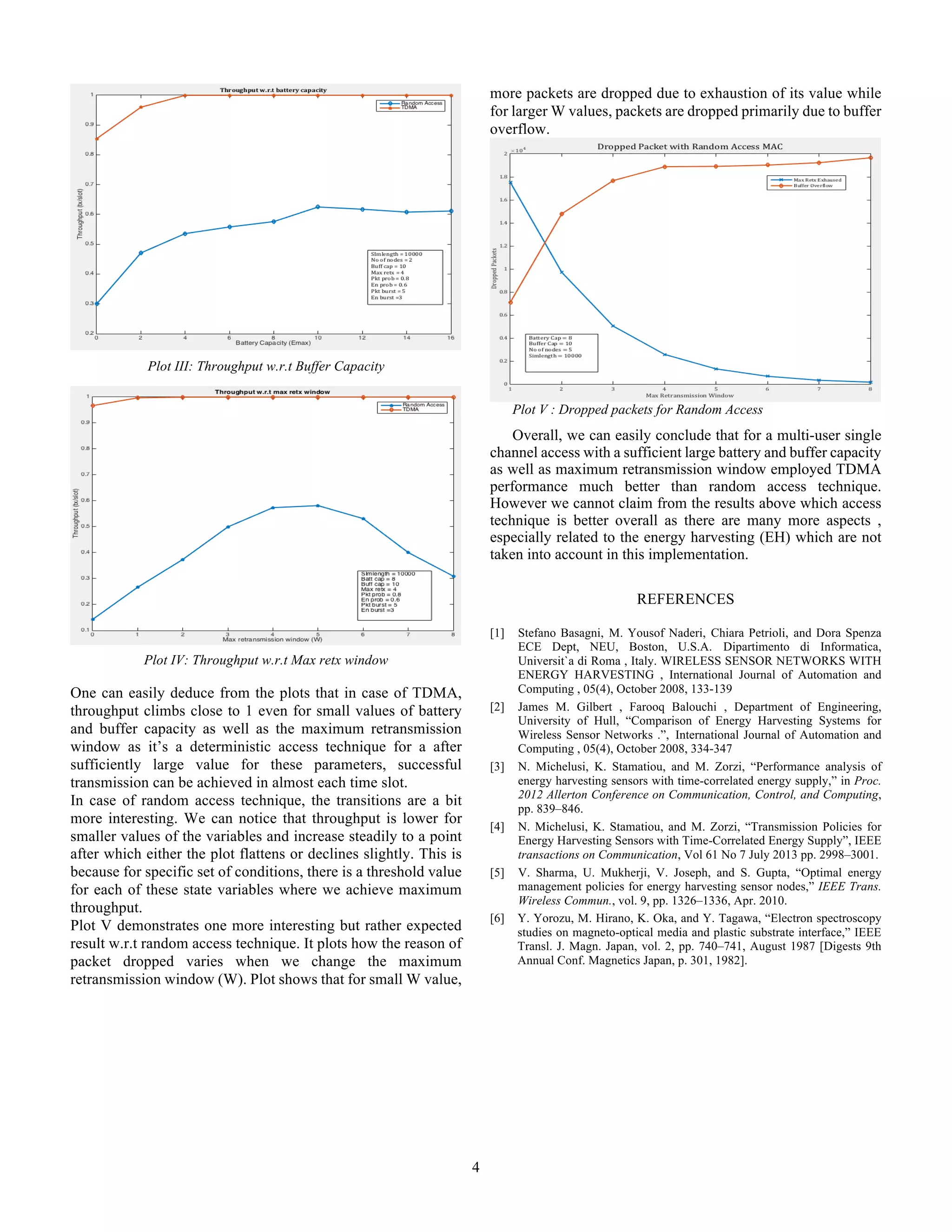 4
Plot III: Throughput w.r.t Buffer Capacity
Plot IV: Throughput w.r.t Max retx window
One can easily deduce from the plots that in case of TDMA,
throughput climbs close to 1 even for small values of battery
and buffer capacity as well as the maximum retransmission
window as it’s a deterministic access technique for a after
sufficiently large value for these parameters, successful
transmission can be achieved in almost each time slot.
In case of random access technique, the transitions are a bit
more interesting. We can notice that throughput is lower for
smaller values of the variables and increase steadily to a point
after which either the plot flattens or declines slightly. This is
because for specific set of conditions, there is a threshold value
for each of these state variables where we achieve maximum
throughput.
Plot V demonstrates one more interesting but rather expected
result w.r.t random access technique. It plots how the reason of
packet dropped varies when we change the maximum
retransmission window (W). Plot shows that for small W value,
more packets are dropped due to exhaustion of its value while
for larger W values, packets are dropped primarily due to buffer
overflow.
Plot V : Dropped packets for Random Access
Overall, we can easily conclude that for a multi-user single
channel access with a sufficient large battery and buffer capacity
as well as maximum retransmission window employed TDMA
performance much better than random access technique.
However we cannot claim from the results above which access
technique is better overall as there are many more aspects ,
especially related to the energy harvesting (EH) which are not
taken into account in this implementation.
REFERENCES
[1]   Stefano Basagni, M. Yousof Naderi, Chiara Petrioli, and Dora Spenza
ECE Dept, NEU, Boston, U.S.A. Dipartimento di Informatica,
Universit`a di Roma , Italy. WIRELESS SENSOR NETWORKS WITH
ENERGY HARVESTING , International Journal of Automation and
Computing , 05(4), October 2008, 133-139
[2]   James M. Gilbert , Farooq Balouchi , Department of Engineering,
University of Hull, “Comparison of Energy Harvesting Systems for
Wireless Sensor Networks .”, International Journal of Automation and
Computing , 05(4), October 2008, 334-347
[3]   N. Michelusi, K. Stamatiou, and M. Zorzi, “Performance analysis of
energy harvesting sensors with time-correlated energy supply,” in Proc.
2012 Allerton Conference on Communication, Control, and Computing,
pp. 839–846.
[4]   N. Michelusi, K. Stamatiou, and M. Zorzi, “Transmission Policies for
Energy Harvesting Sensors with Time-Correlated Energy Supply”, IEEE
transactions on Communication, Vol 61 No 7 July 2013 pp. 2998–3001.
[5]   V. Sharma, U. Mukherji, V. Joseph, and S. Gupta, “Optimal energy
management policies for energy harvesting sensor nodes,” IEEE Trans.
Wireless Commun., vol. 9, pp. 1326–1336, Apr. 2010. 
[6]   Y. Yorozu, M. Hirano, K. Oka, and Y. Tagawa, “Electron spectroscopy
studies on magneto-optical media and plastic substrate interface,” IEEE
Transl. J. Magn. Japan, vol. 2, pp. 740–741, August 1987 [Digests 9th
Annual Conf. Magnetics Japan, p. 301, 1982].
 