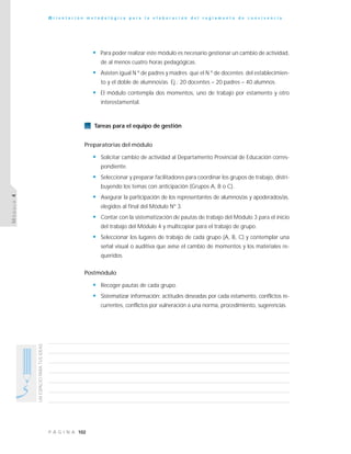 102P Á G I N A
UNESPACIOPARATUSIDEAS
O r i e n t a c i ó n m e t o d o l ó g i c a p a r a l a e l a b o r a c i ó n d e l r e g l a m e n t o d e c o n v i v e n c i a
MÓDULO4
• Para poder realizar este módulo es necesario gestionar un cambio de actividad,
de al menos cuatro horas pedagógicas.
• Asisten igual N º de padres y madres que el N º de docentes del establecimien-
to y el doble de alumnos/as. Ej.: 20 docentes – 20 padres – 40 alumnos.
• El módulo contempla dos momentos, uno de trabajo por estamento y otro
interestamental.
Tareas para el equipo de gestión
Preparatorias del módulo
• Solicitar cambio de actividad al Departamento Provincial de Educación corres-
pondiente.
• Seleccionar y preparar facilitadores para coordinar los grupos de trabajo, distri-
buyendo los temas con anticipación (Grupos A, B o C).
• Asegurar la participación de los representantes de alumnos/as y apoderados/as,
elegidos al final del Módulo Nº 3.
• Contar con la sistematización de pautas de trabajo del Módulo 3 para el inicio
del trabajo del Módulo 4 y multicopiar para el trabajo de grupo.
• Seleccionar los lugares de trabajo de cada grupo (A, B, C) y contemplar una
señal visual o auditiva que avise el cambio de momentos y los materiales re-
queridos.
Postmódulo
• Recoger pautas de cada grupo.
• Sistematizar información: actitudes deseadas por cada estamento, conflictos re-
currentes, conflictos por vulneración a una norma, procedimiento, sugerencias.
 