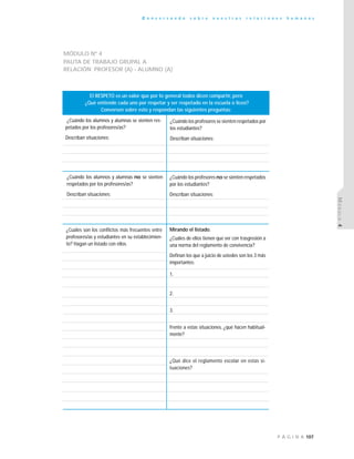 107P Á G I N A
C o n v e r s a n d o s o b r e n u e s t r a s r e l a c i o n e s h u m a n a s
MÓDULO4
MÓDULO Nº 4
PAUTA DE TRABAJO GRUPAL A
RELACIÓN ¨PROFESOR (A) - ALUMNO (A)¨
¿Cuándo los alumnos y alumnas se sienten res-
petados por los profesores/as?
Describan situaciones:
¿Cuándo los profesores se sienten respetados por
los estudiantes?
Describan situaciones:
¿Cuándo los alumnos y alumnas no se sienten
respetados por los profesores/as?
Describan situaciones:
¿Cuándo los profesores no se sienten respetados
por los estudiantes?
Describan situaciones:
El RESPETO es un valor que por lo general todos dicen compartir, pero
¿Qué entiende cada uno por respetar y ser respetado en la escuela o liceo?
Conversen sobre esto y respondan las siguientes preguntas:
Mirando el listado.
¿Cuáles de ellos tienen que ver con trasgresión a
una norma del reglamento de convivencia?
Definan los que a juicio de ustedes son los 3 más
importantes:
1.
2.
3.
Frente a estas situaciones, ¿qué hacen habitual-
mente?
¿Qué dice el reglamento escolar en estas si-
tuaciones?
¿Cuáles son los conflictos más frecuentes entre
profesores/as y estudiantes en su establecimien-
to? Hagan un listado con ellos.
 