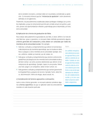 115P Á G I N A
R e v i s a n d o p r o c e d i m i e n t o s d e e v a l u a c i ó n d e f a l t a s y s a n c i o n e s
MÓDULO5
do lo considere necesario, y siempre debe ser escuchada y considerada su apela-
ción. Es necesario entonces que las “instancias de apelación” estén claramente
definidas en el reglamento.
Finalmente, los procedimientos establecidos deben privilegiar el diálogo con y entre
los implicados, ya que la conversación permite por un lado actuar con justicia, y por
otro, provee una oportunidad de reflexión y aprendizaje para el alumnado y el resto
de la comunidad.
b) Aplicación de criterios de graduación de faltas
Para evaluar adecuadamente la gravedad de una falta, es decir, definir si se trata de
una falta leve, grave o gravísima, es necesario haber definido previamente algunos
criterios generales de evaluación y estas deben ser conocidas por todos los
miembros de la comunidad escolar. Por ejemplo:
• Falta leve: actitudes y comportamientos que alteren el normal desa-
rrollo del proceso de enseñanza aprendizaje, que no involucren daño
físico o psíquico a otros miembros de la comunidad. Ejemplo: atra-
sos, uniforme, olvidar un material, uso de celular, etc.
• Falta grave: actitudes y comportamientos que atenten contra la inte-
gridad física y/o psíquica de otro miembro de la comunidad escolar y
del bien común; así como acciones deshonestas que alteren el nor-
mal proceso de aprendizaje. Ejemplo: copiar en una prueba, falsear
una nota, pegar a un compañero, dañar el bien común, etc.
• Falta gravísima: actitudes y comportamientos que atenten gravemente
la integridad física y psíquica de terceros. Ejemplo: hurto, daño físi-
co, discriminación, tráfico de drogas, abuso sexual, etc.
c) Consideración de factores agravantes o atenuantes
Junto a estos criterios generales, es necesario además considerar algu-
nos criterios específicos, los que se aplicarán sobre los antecedentes
reunidos en cada situación particular.
NOTA :
Un conflicto interperso-
nal es distinto de un acto
de agresión física y este
último es distinto de un
delito. Cuando un acto
de agresión física atenta
contra la vida de un ter-
cero entonces ya se está
frente a una acción que
sobrepasa las atribucio-
nes del establecimiento
escolar, y en este caso
deben actuar las autori-
dades competentes.
 