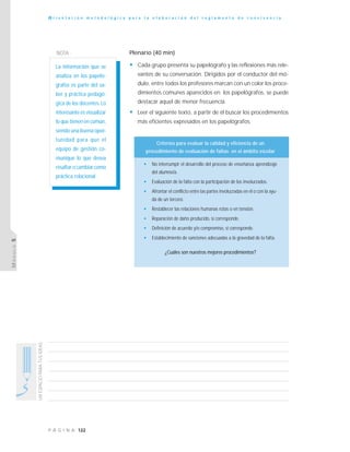 122P Á G I N A
UNESPACIOPARATUSIDEAS
O r i e n t a c i ó n m e t o d o l ó g i c a p a r a l a e l a b o r a c i ó n d e l r e g l a m e n t o d e c o n v i v e n c i a
MÓDULO5
Plenario (40 min)
• Cada grupo presenta su papelógrafo y las reflexiones más rele-
vantes de su conversación. Dirigidos por el conductor del mó-
dulo, entre todos los profesores marcan con un color los proce-
dimientos comunes aparecidos en los papelógrafos, se puede
destacar aquel de menor frecuencia.
• Leer el siguiente texto, a partir de él buscar los procedimientos
más eficientes expresados en los papelógrafos.
NOTA :
La información que se
analiza en los papeló-
grafos es parte del sa-
ber y práctica pedagó-
gica de los docentes. Lo
interesante es visualizar
lo que tienen en común,
siendo una buena opor-
tunidad para que el
equipo de gestión co-
munique lo que desea
resaltar o cambiar como
práctica relacional.
Criterios para evaluar la calidad y eficiencia de un
procedimiento de evaluación de faltas en el ámbito escolar
• No interrumpir el desarrollo del proceso de enseñanza aprendizaje
del alumno/a.
• Evaluación de la falta con la participación de los involucrados.
• Afrontar el conflicto entre las partes involucradas en él o con la ayu-
da de un tercero.
• Restablecer las relaciones humanas rotas o en tensión.
• Reparación de daño producido, si corresponde.
• Definición de acuerdo y/o compromiso, si corresponde.
• Establecimiento de sanciones adecuadas a la gravedad de la falta.
¿Cuáles son nuestros mejores procedimientos?
 