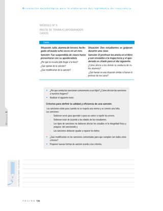 126P Á G I N A
UNESPACIOPARATUSIDEAS
O r i e n t a c i ó n m e t o d o l ó g i c a p a r a l a e l a b o r a c i ó n d e l r e g l a m e n t o d e c o n v i v e n c i a
MÓDULO5
MÓDULO Nº 5
PAUTA DE TRABAJO APODERADOS
CASOS
Casos
Situación: Julia, alumna de tercero, ha lle-
gado atrasada ocho veces en un mes.
Sanción: Fue suspendida de clases hasta
presentarse con su apoderado/a.
¿Por qué la escuela pide llegar a la hora?
¿Qué opinan de la sanción?
¿Qué modificarían de la sanción?
Situación: Dos estudiantes se golpean
durante una clase.
Sanción: El profesor los anota en el libro
y son enviados a la inspectoría y el apo-
derado es citado para el día siguiente.
¿Cómo afecta a los demás la conducta de es-
tos alumnos?
¿Qué harían en una situación similar si fueran el
profesor de ese curso?
• ¿Por qué conductas sancionan comúnmente a sus hijos? ¿Cómo afectan las sanciones
a nuestros hogares?
• Analizar el siguiente texto:
Criterios para definir la calidad y eficiencia de una sanción.
Las sanciones están para cuando no se respeta una norma y se comete una falta.
Las sanciones:
- Debieran servir para aprender o para no volver a repetir los errores.
- Debieran estar de acuerdo a las edades de los estudiantes.
- Los tipos de sanciones no debieran afectar los estudios ni la integridad física y
psíquica del sancionado y
- Las sanciones debieran ayudar a reparar los daños.
• ¿Qué modificarían en las sanciones comentadas para que cumplan con todos estos
criterios?
• Proponer nuevas formas de sanción acorde a los criterios.
 